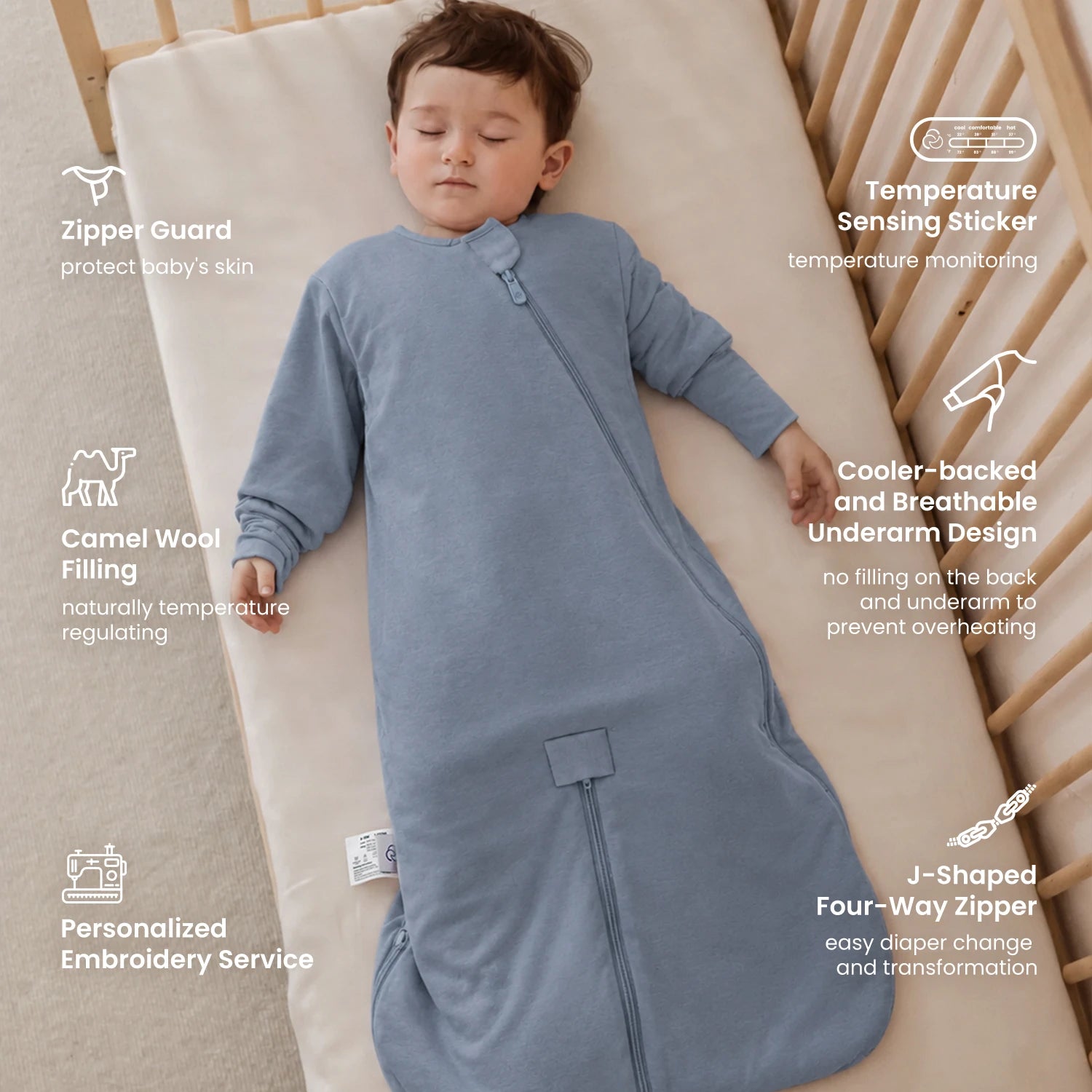 Sleep Suit Sack 3-in-1 1.0 TOG - Organic Cotton & Camel Wool - Misty Blue