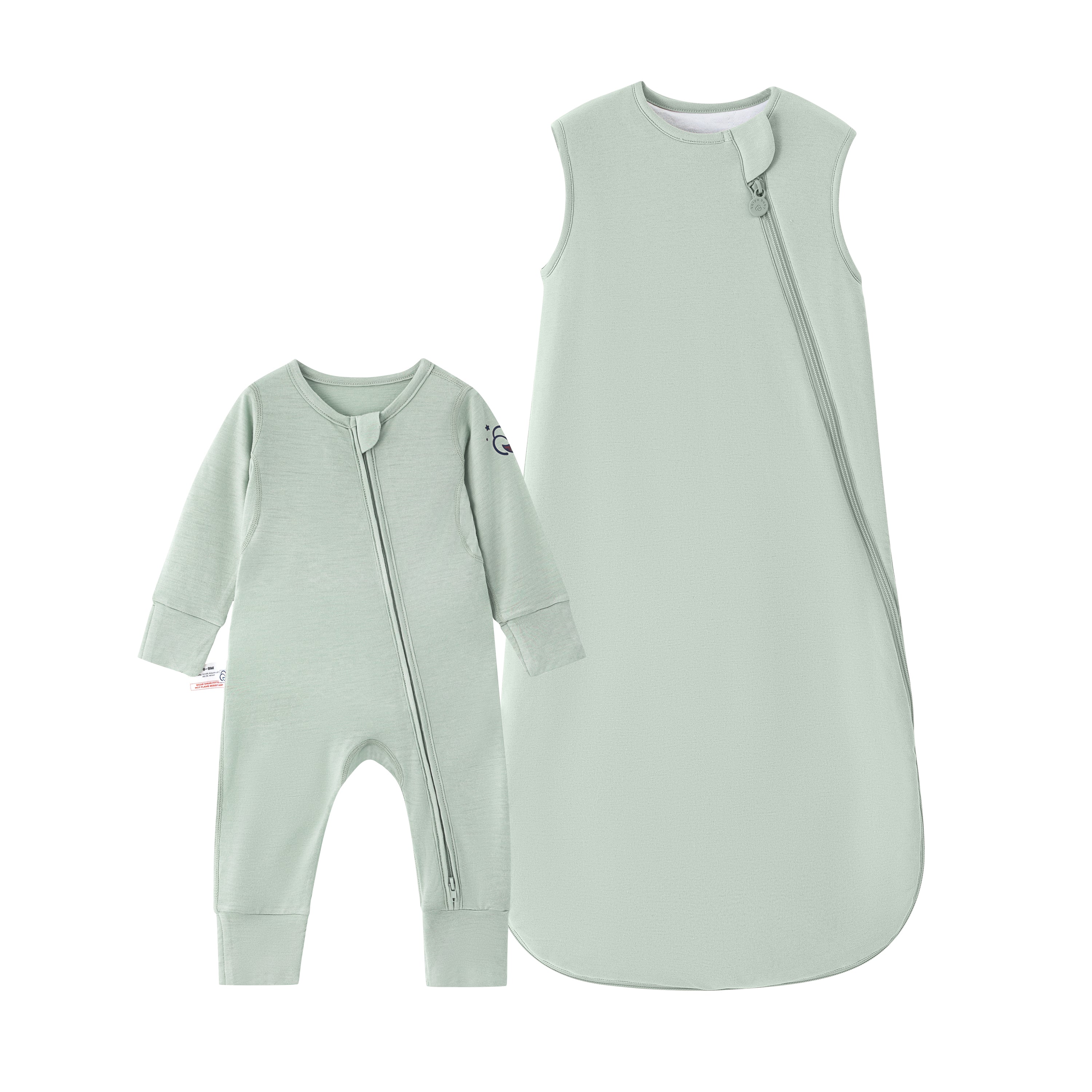 Sleeveless Sleep Sack 1.0 TOG - Organic Cotton & Camel Wool-Green + Baby Romper - Merino Wool & Rayon Bamboo - Pea Green Bundle