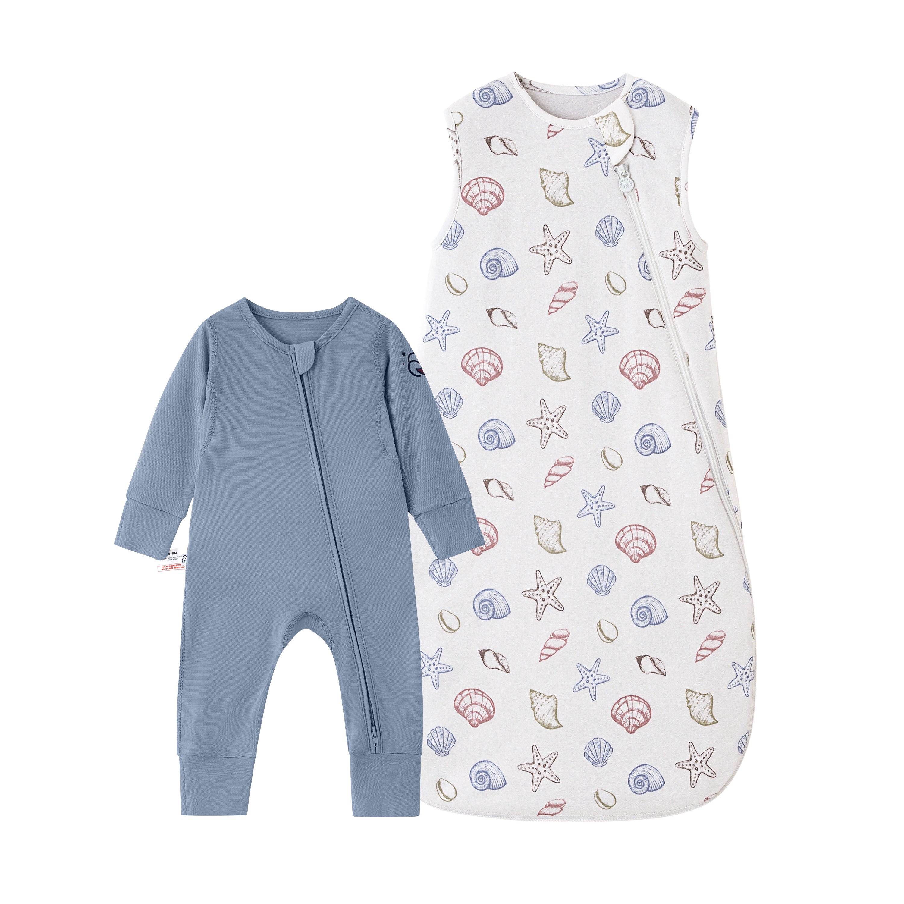Sleeveless Sleep Sack 1.0 TOG - Organic Cotton & Camel Wool - Shell+Baby Romper - Merino Wool & Rayon Bamboo - Misty Blue Bundle