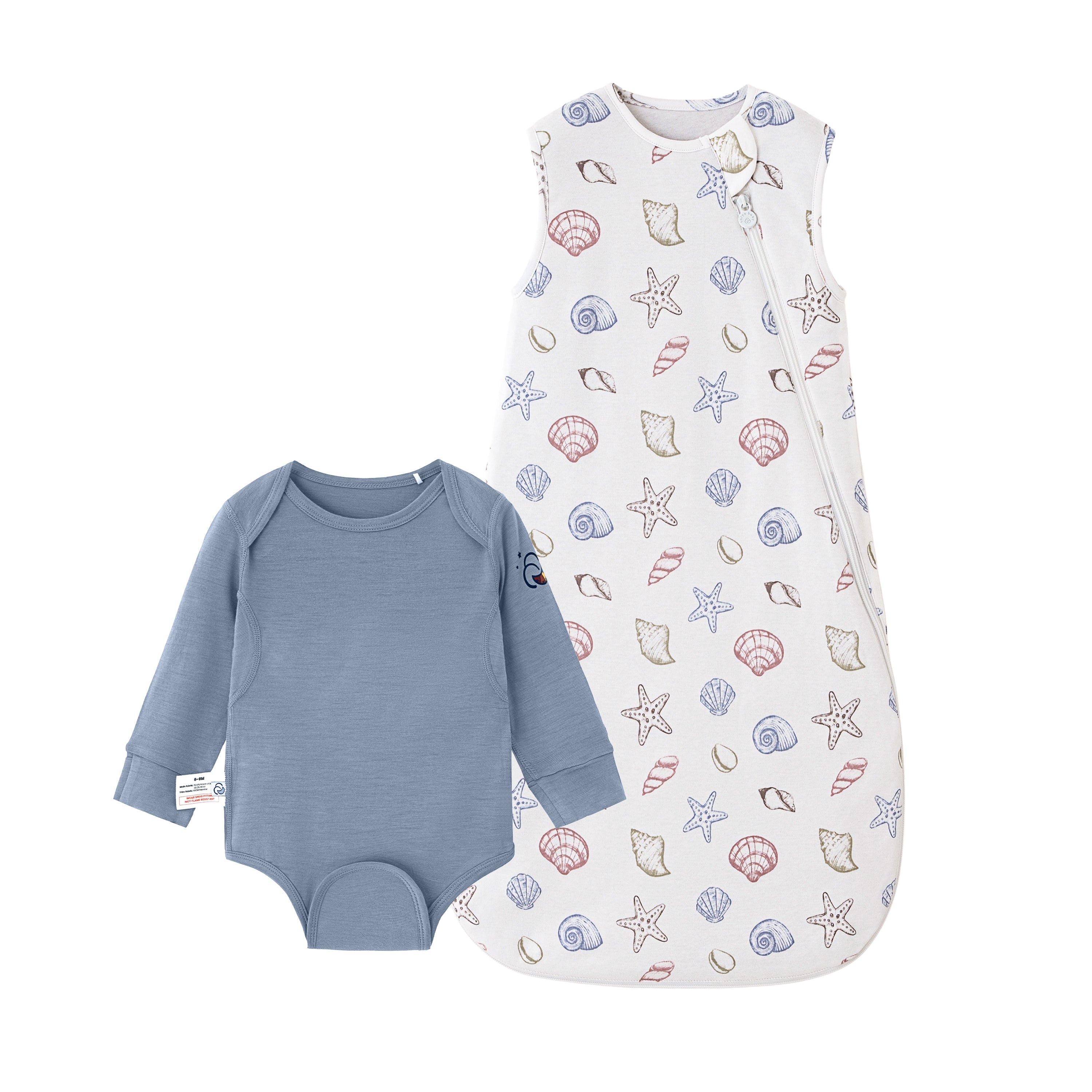 Sleeveless Sleep Sack 1.0 TOG - Organic Cotton & Camel Wool - Shell+ClimaCuddle® Baby Bodysuit - Merino Wool & Rayon Bamboo  - Misty Blue Bundle