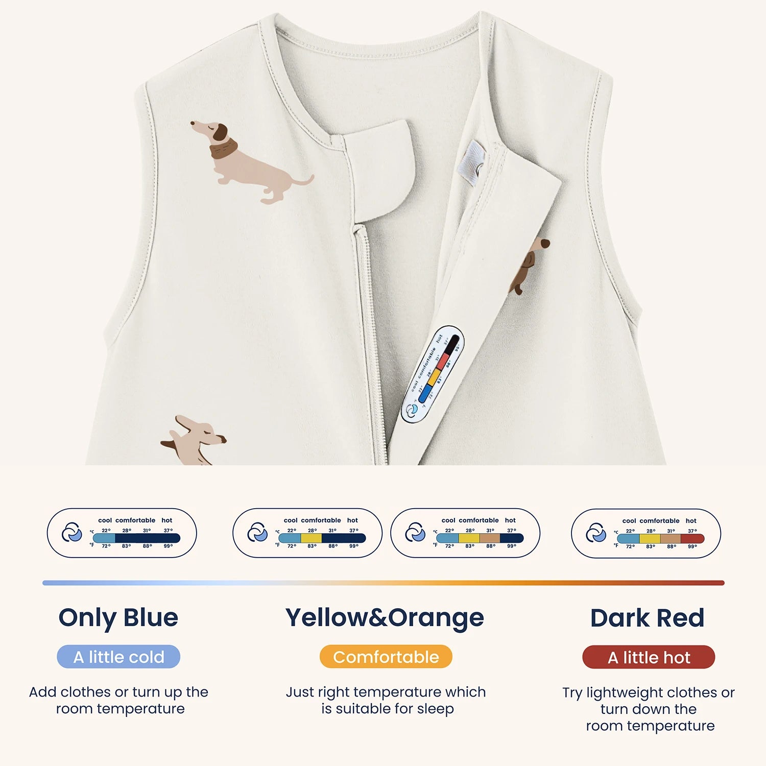 Sleeveless Sleep Sack Walker 0.5 TOG - Organic Cotton - Sunny Pup-temperature sticker