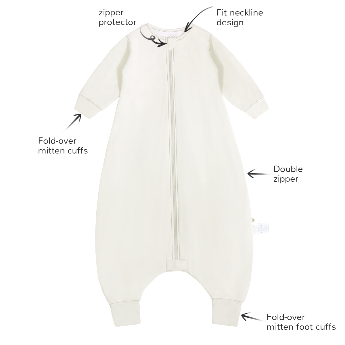 Toddler Zip Sleep Sack Organic Cotton Long Sleeve With Footie 1.0 TOG Design Detail- Milk White