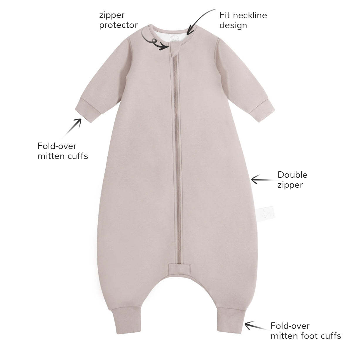 Toddler Zip Sleep Sack Organic Cotton Long Sleeve With Footie 1.0 TOG Design Detail - Smoky Pink