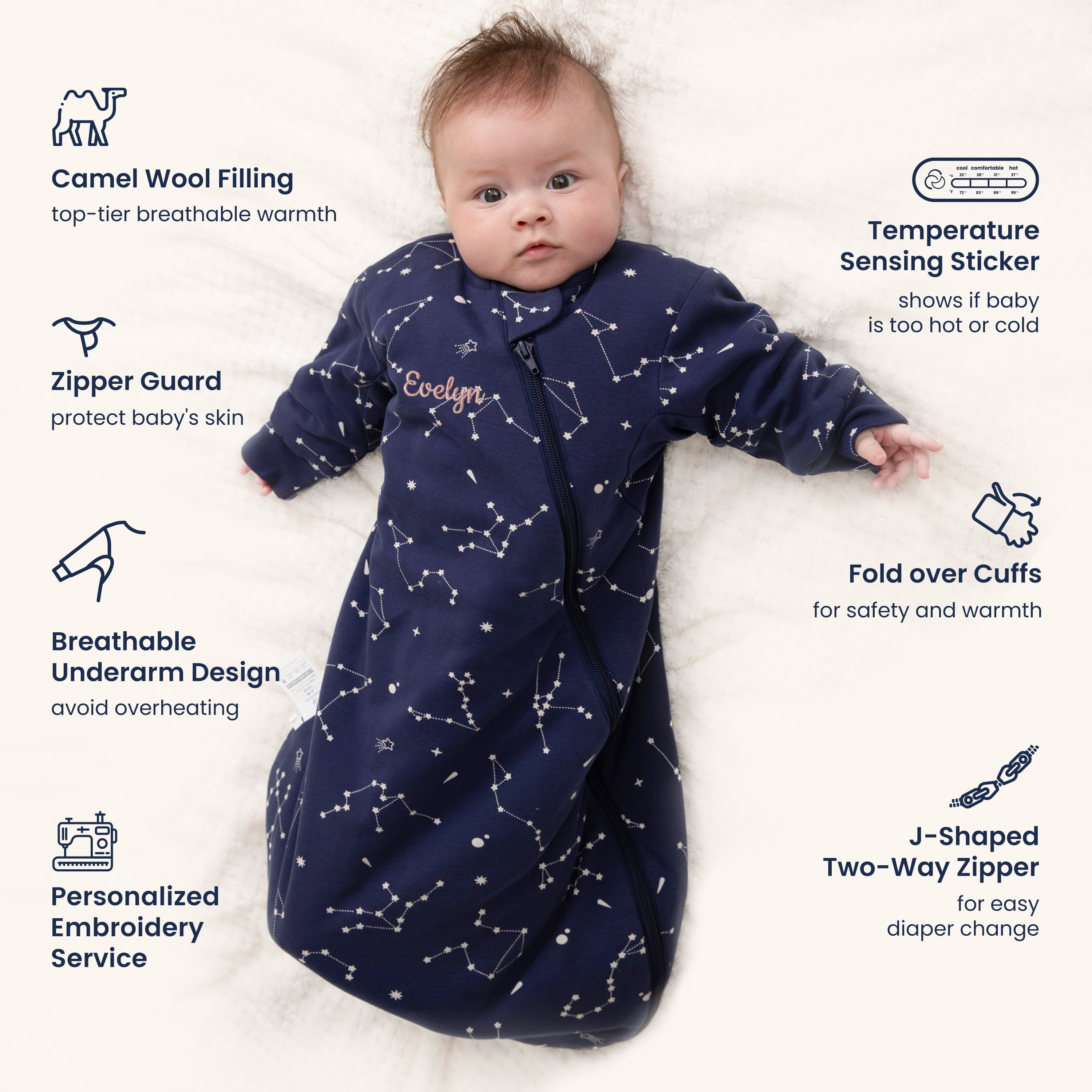Warm Long Sleeve Sleep Sack 2.5 TOG - Organic Cotton & Camel Wool - Constellation-9