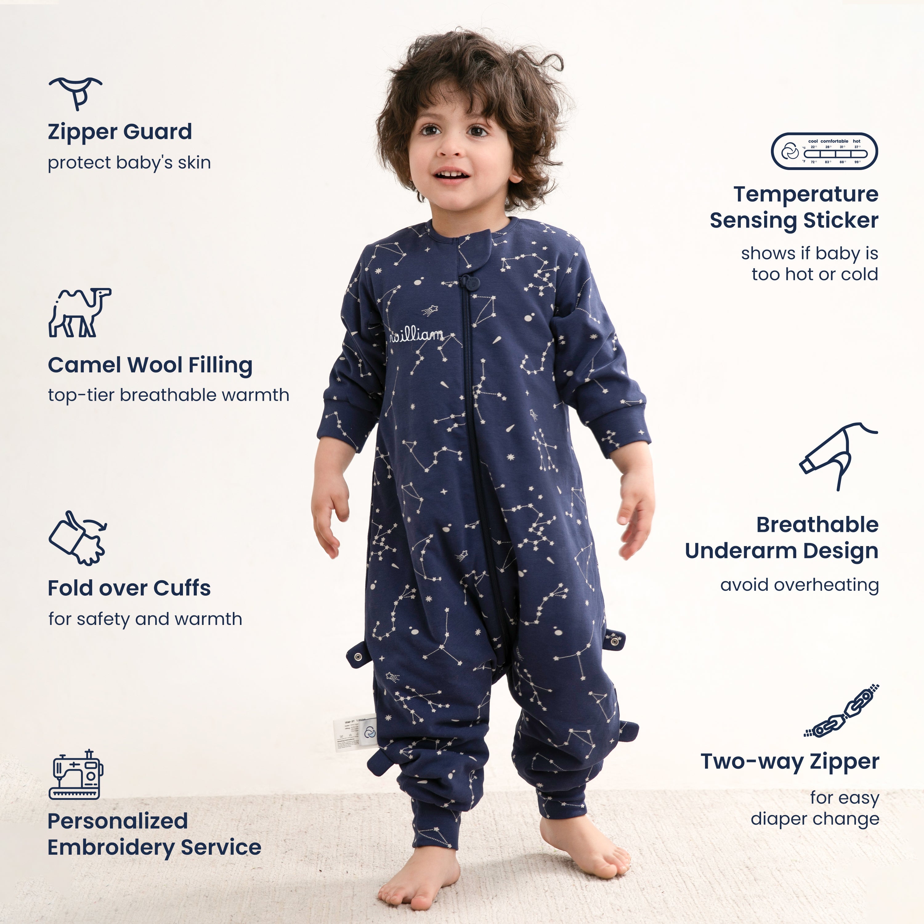 Warm Long Sleeve Sleep Sack Walker 2.5 TOG - Organic Cotton & Camel Wool - Constellation-4