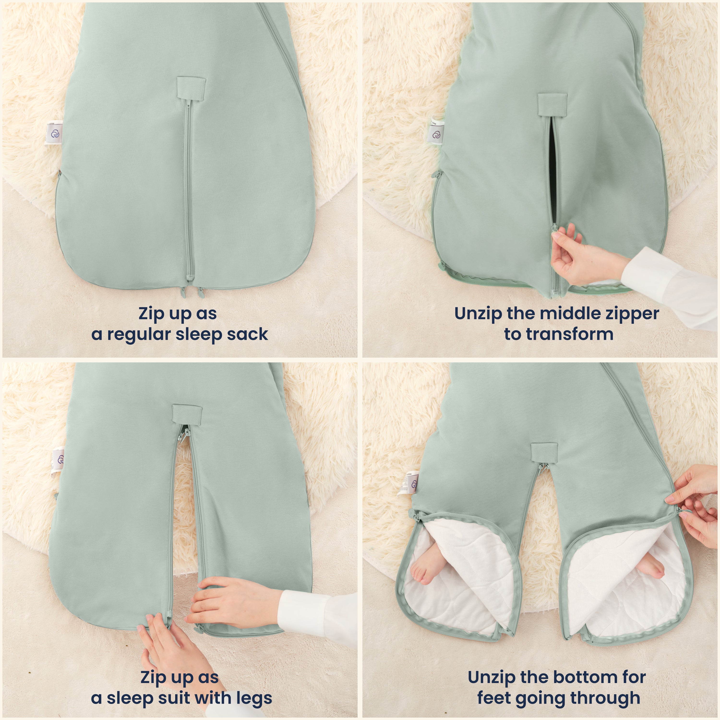 Warm Sleep Suit Sack 3-in-1 2.5 TOG - Organic Cotton & Camel Wool - Pea Green