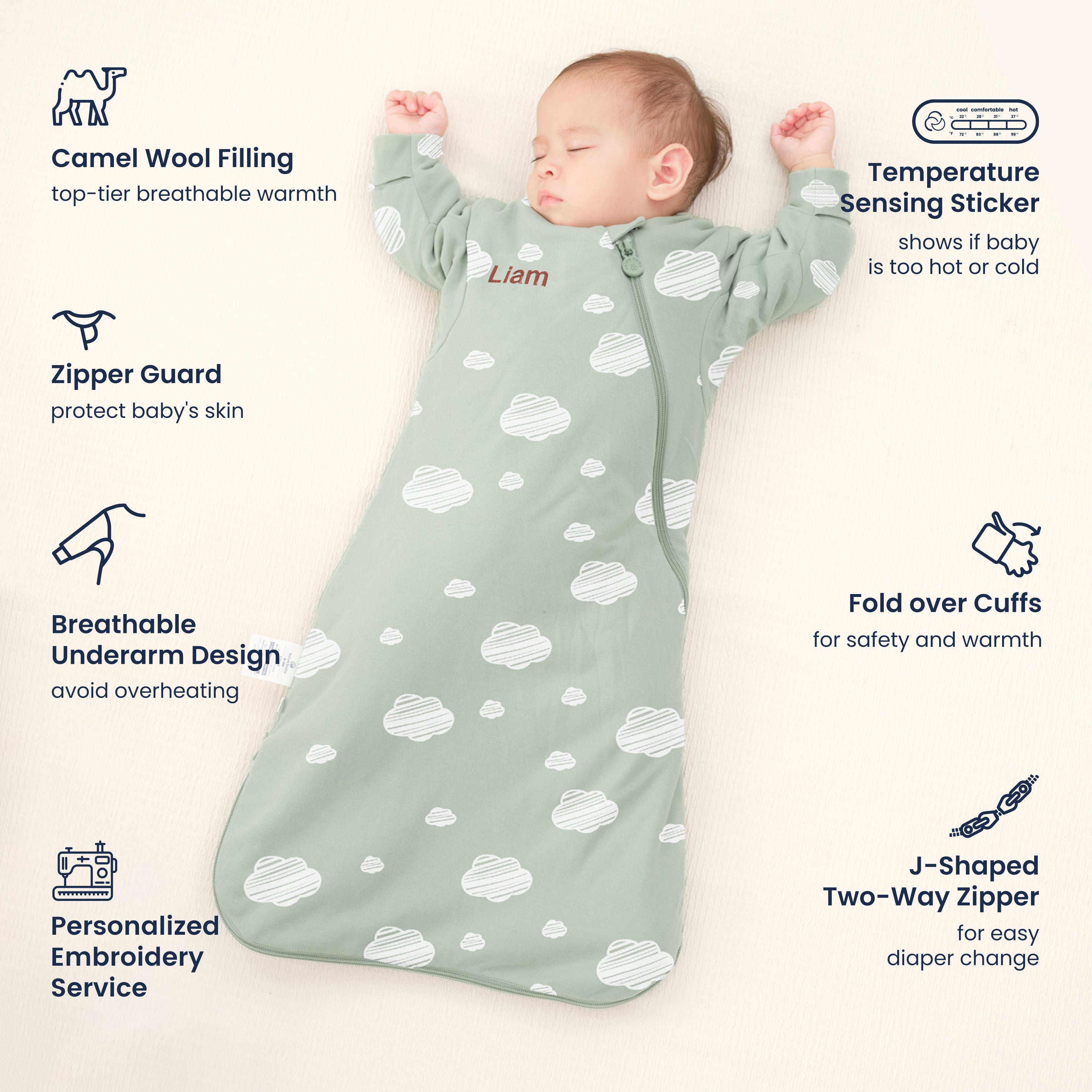 Winter Long Sleeve Sleep Sack 3.5 TOG - Organic Cotton & Camel Wool - Green Sky