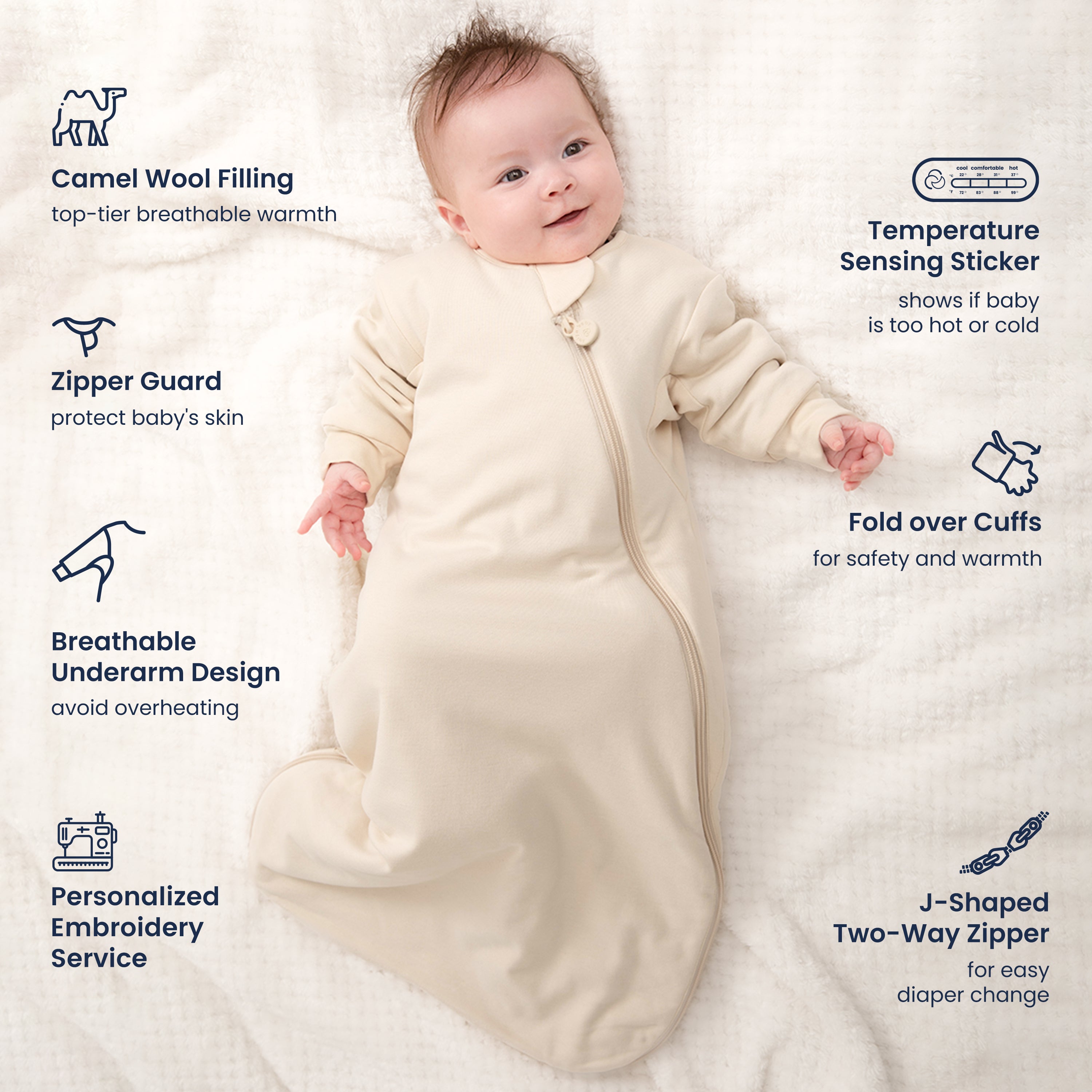 Winter Long Sleeve Sleep Sack Organic Cotton Camel Wool Cream