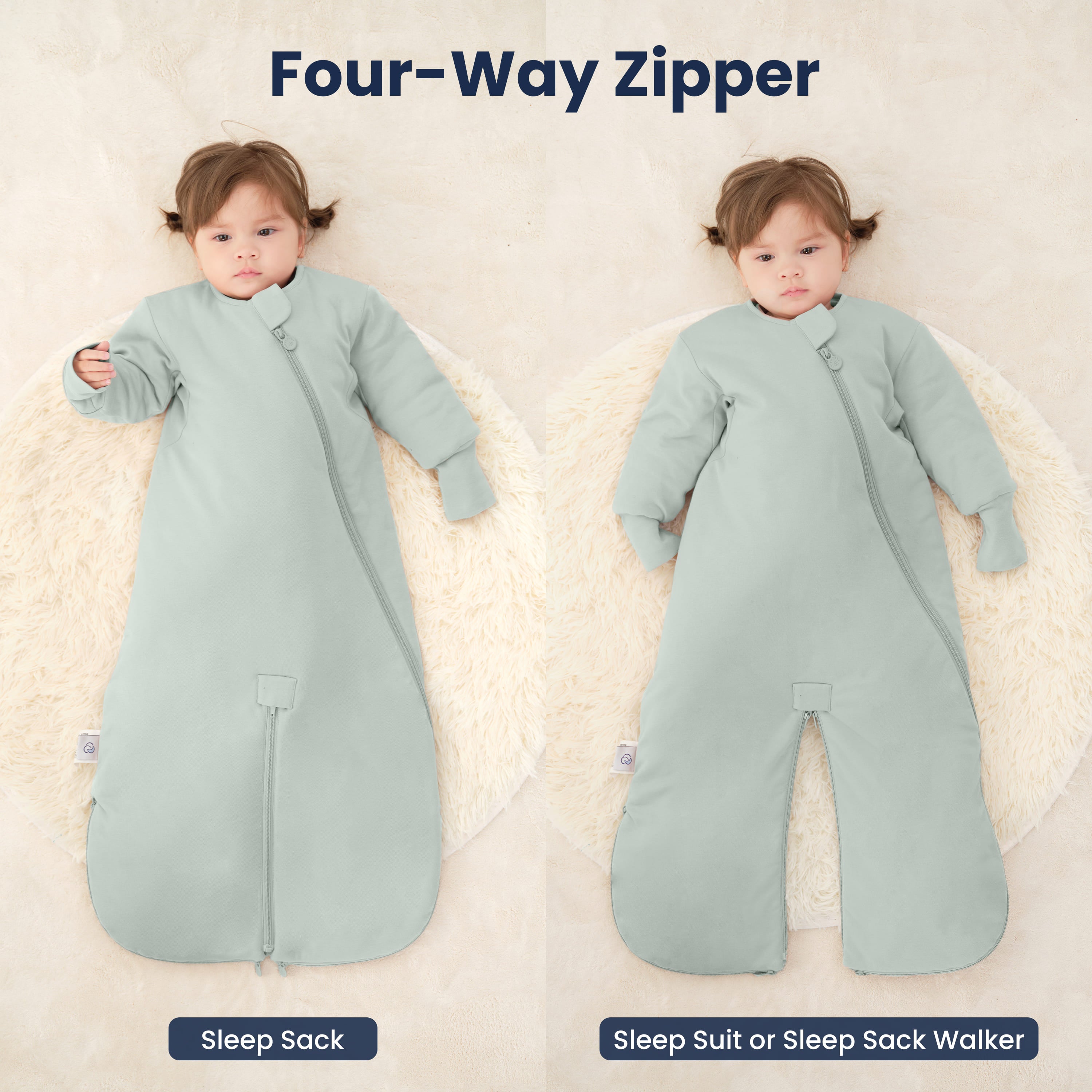 Sleep Suit Sack 3-in-1 2.5 TOG - Organic Cotton & Camel Wool - Pea Green Zipper