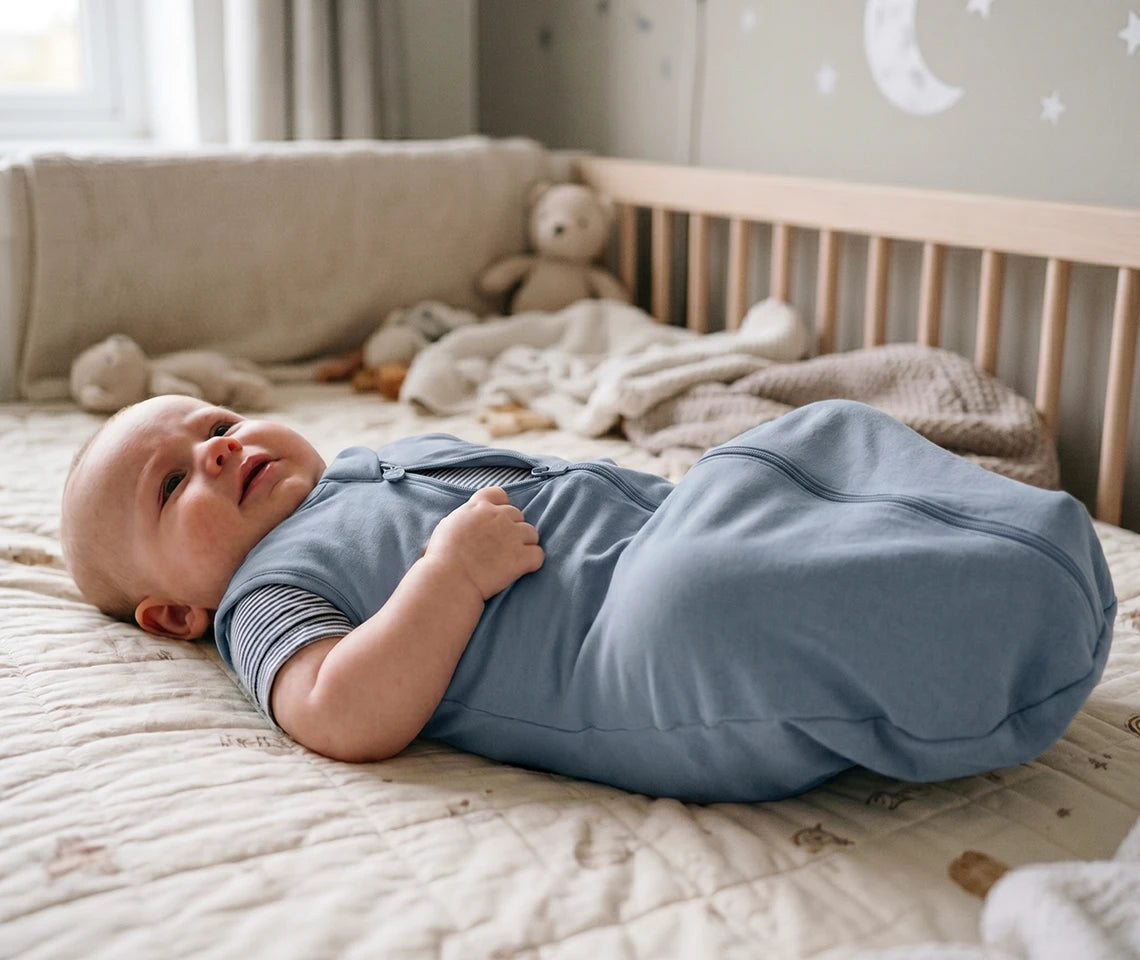 a baby in a too small sleep sack