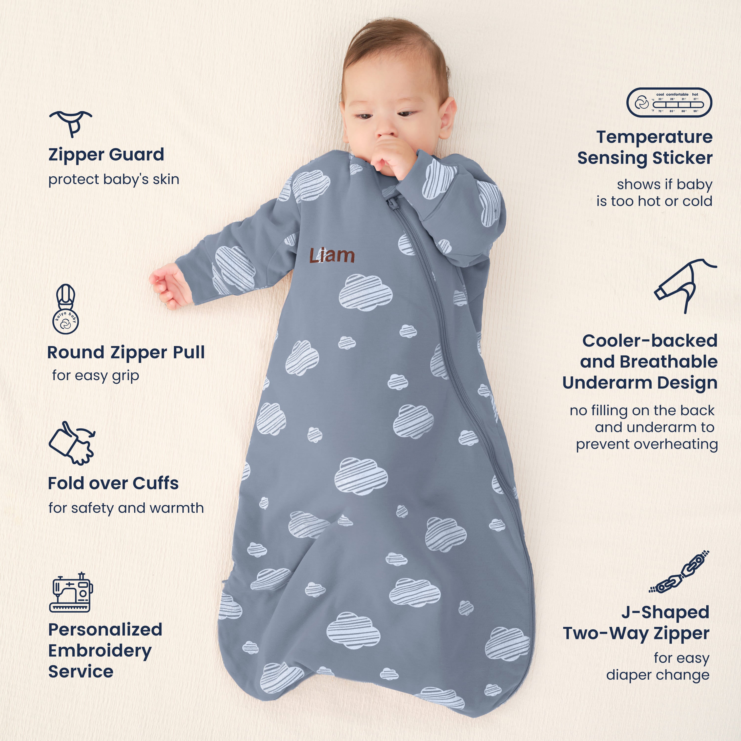 Organic Cotton & Camel Wool Long Sleeve Sleeping Bag 1.0 TOG - Blue Sky