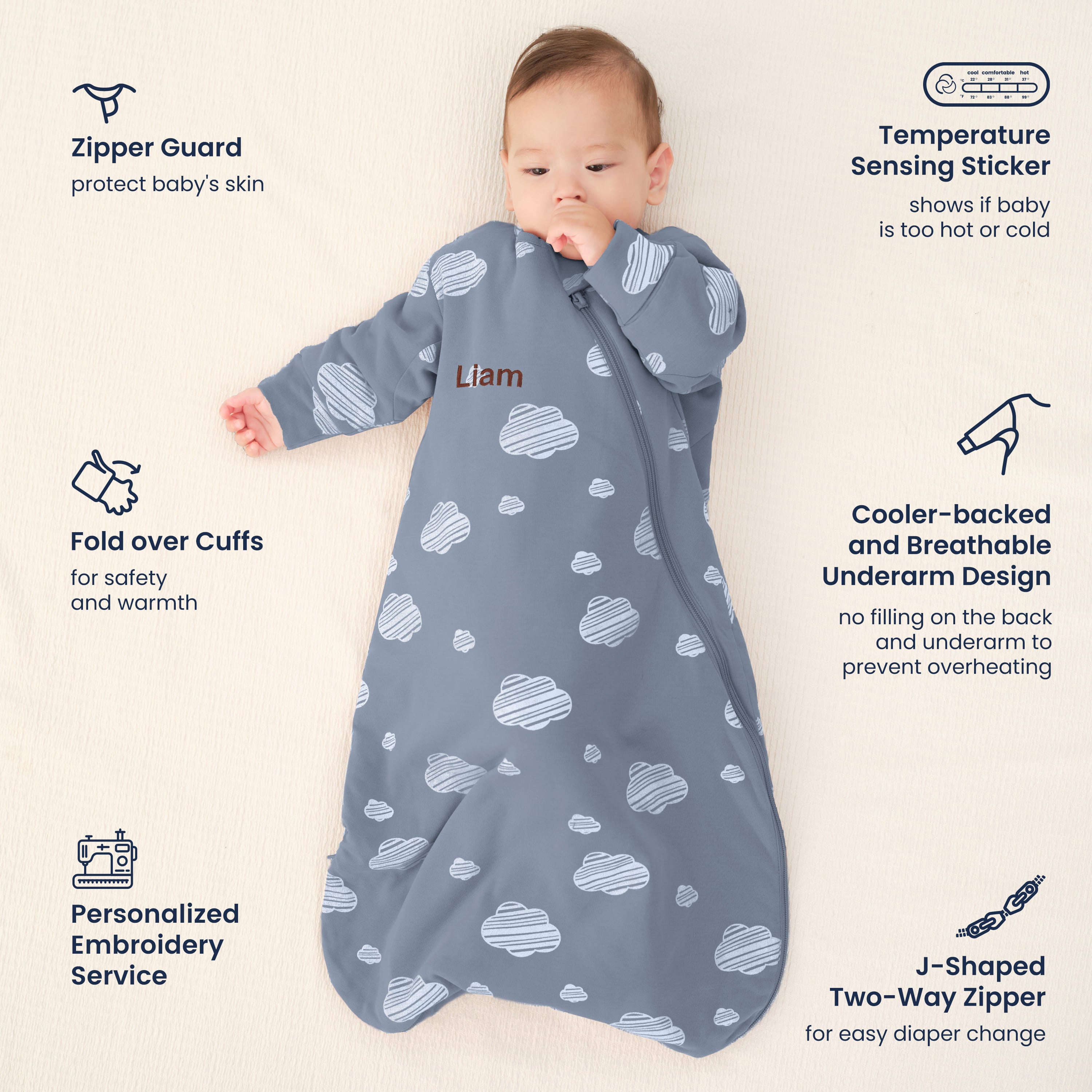 All Season Long Sleeve Sleep Sack 1.0 TOG - Organic Cotton & Camel Wool - Blue Sky