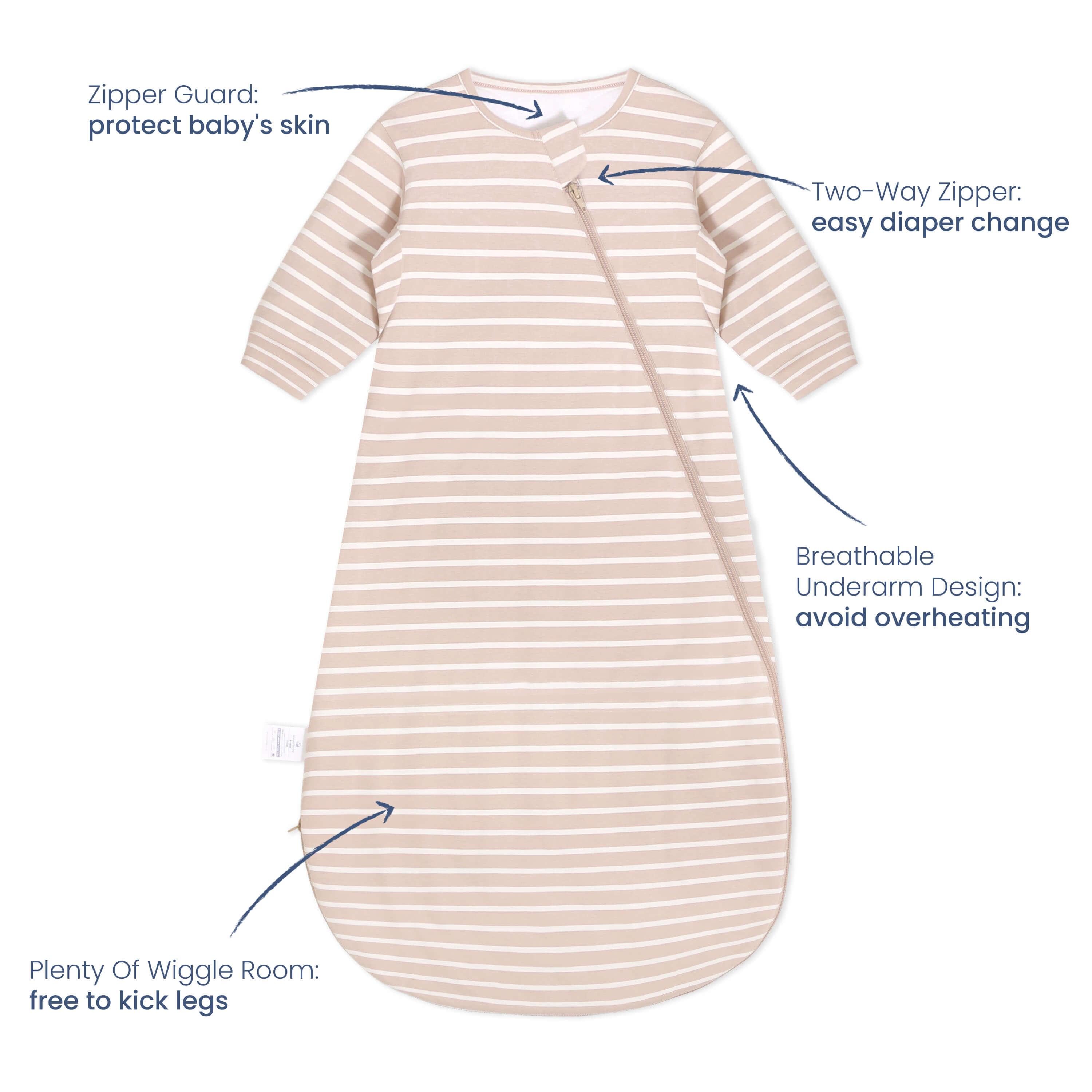 Organic Cotton & Camel Wool Long Sleeve Sleep Sack 1.0 TOG - Dusty Pink Stripe