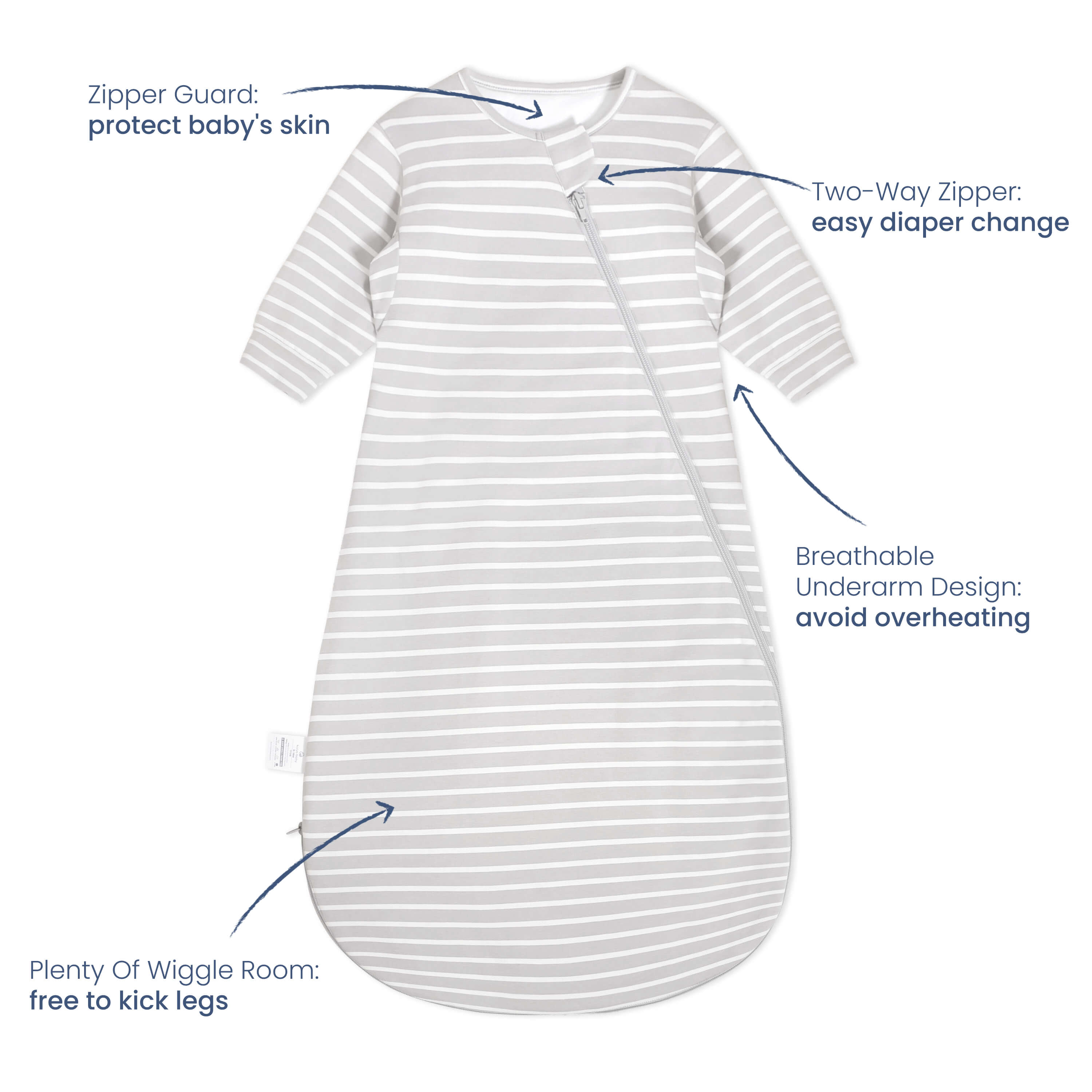 Organic Cotton & Camel Wool Long Sleeve Sleep Sack 1.0 TOG - Gray Stripe