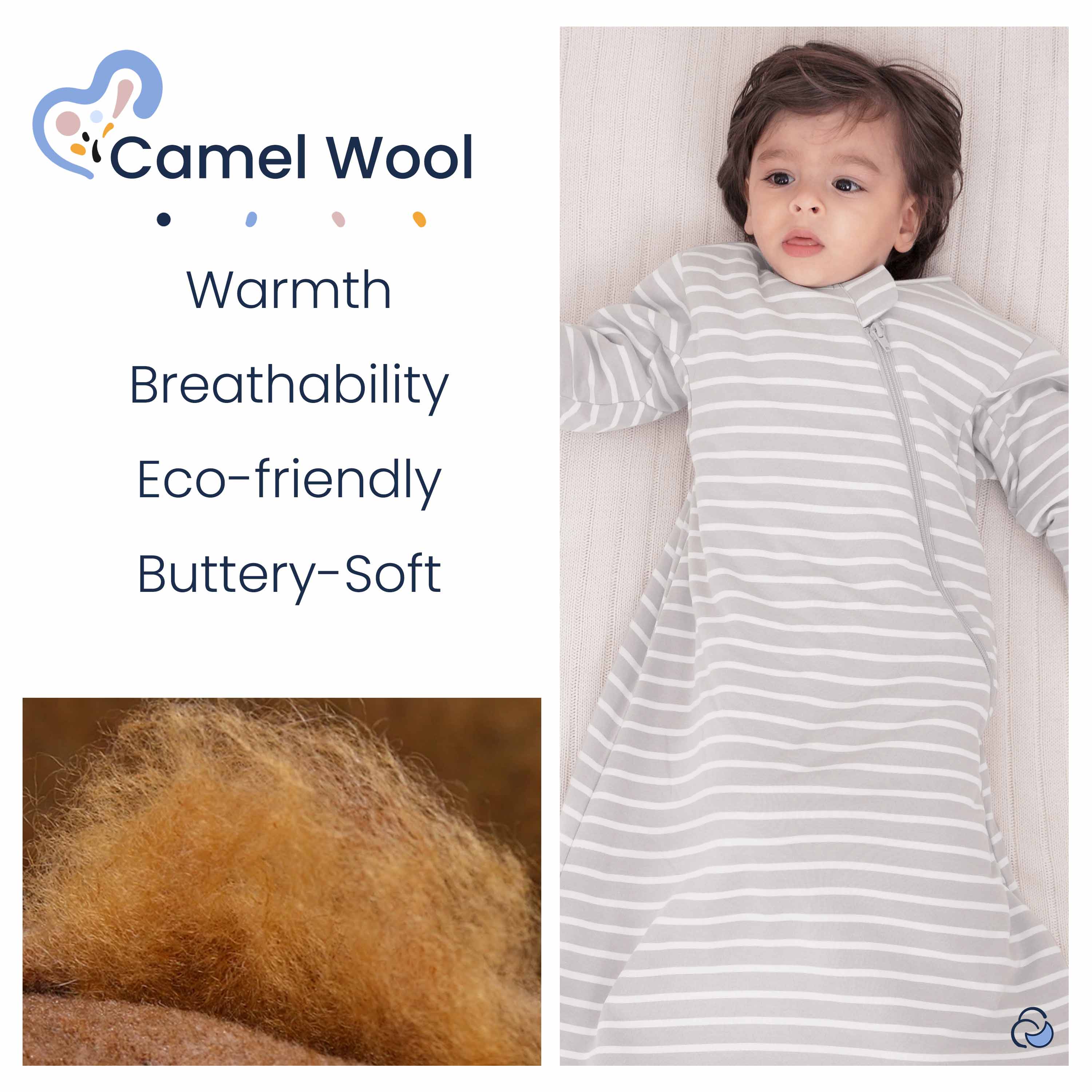 Organic Cotton & Camel Wool Long Sleeve Sleep Sack 1.0 TOG - Gray Stripe