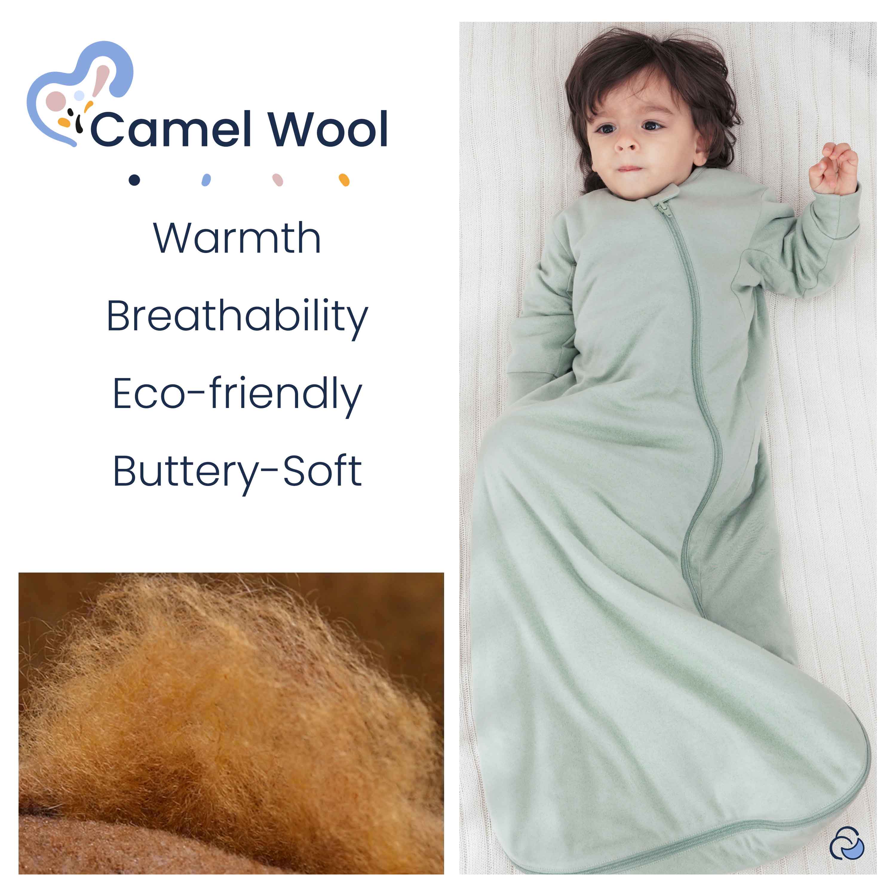 Organic Cotton & Camel Wool Long Sleeve Sleep Sack 1.0 TOG - Pea Green