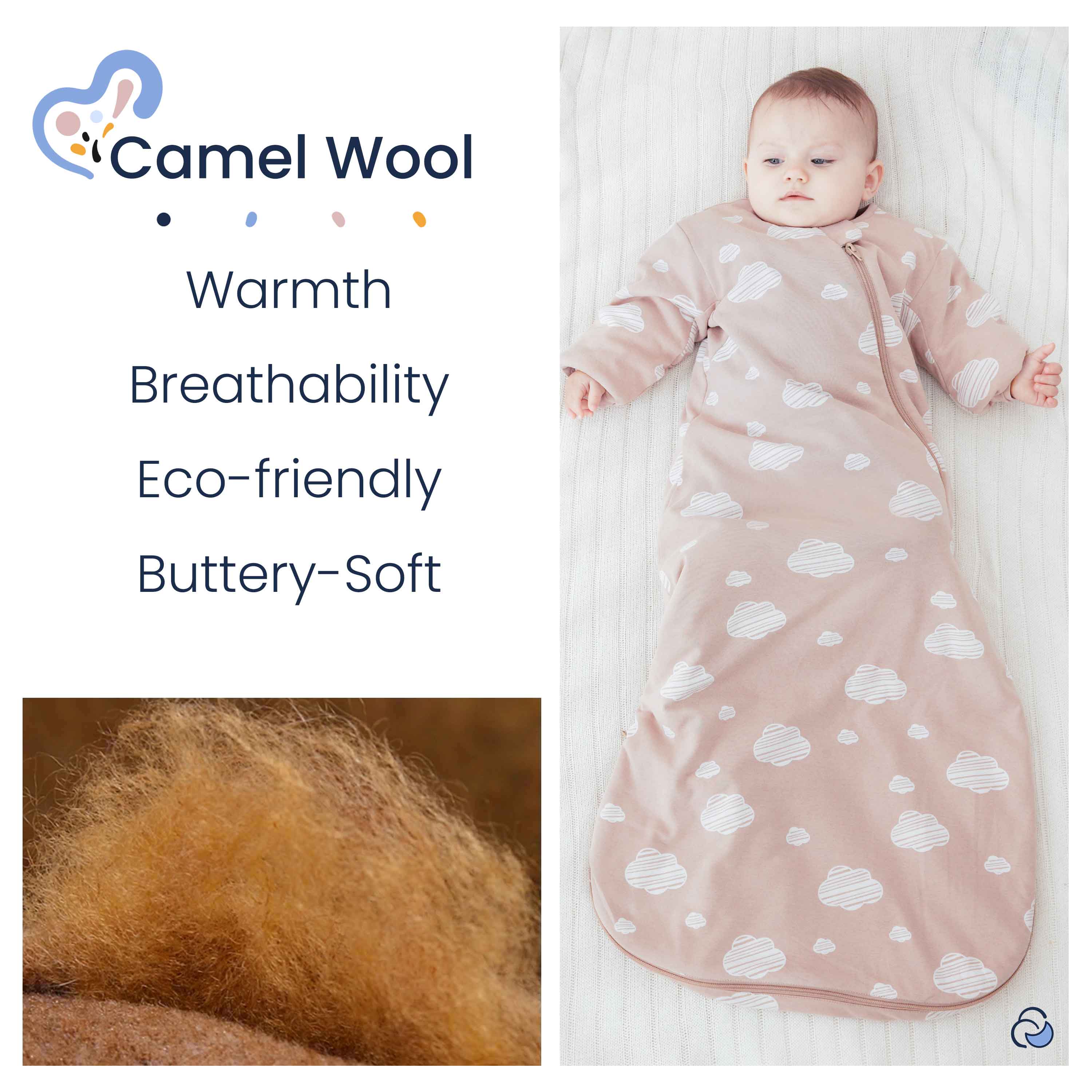 Organic Cotton & Camel Wool Winter Sleep Sack With Arms 3.5 TOG - Pink Sky