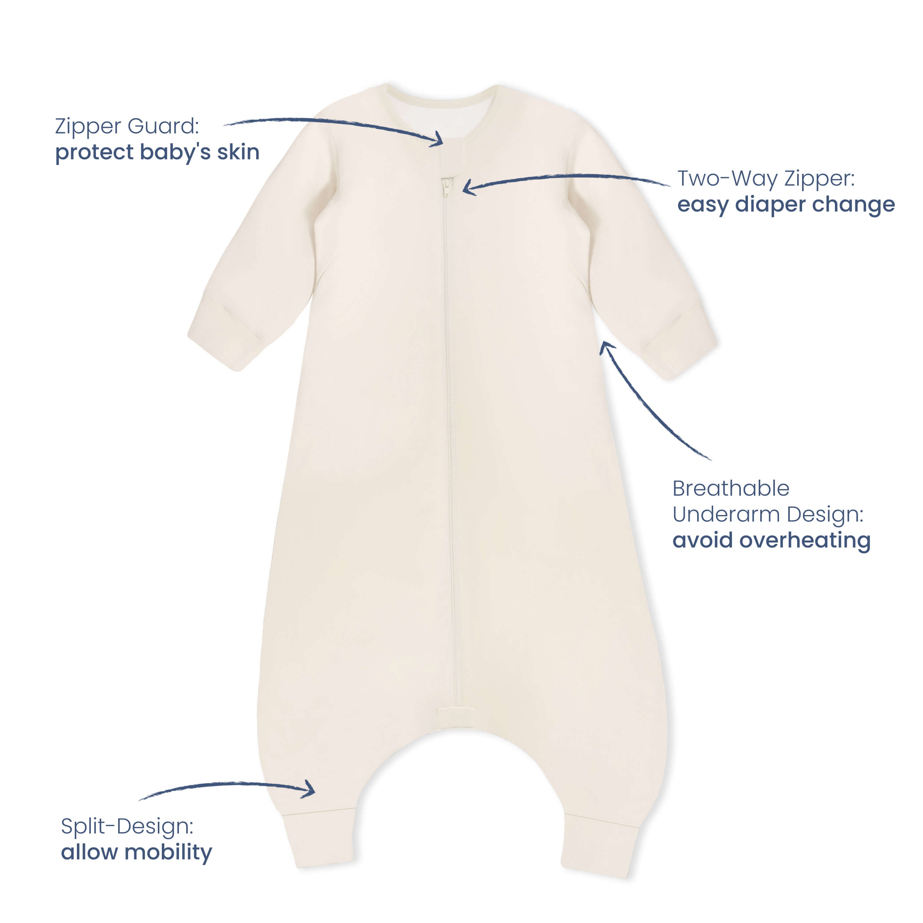 Organic Cotton & Camel Wool Long Sleeve Sleep Sack With Legs 1.0 TOG - Cream