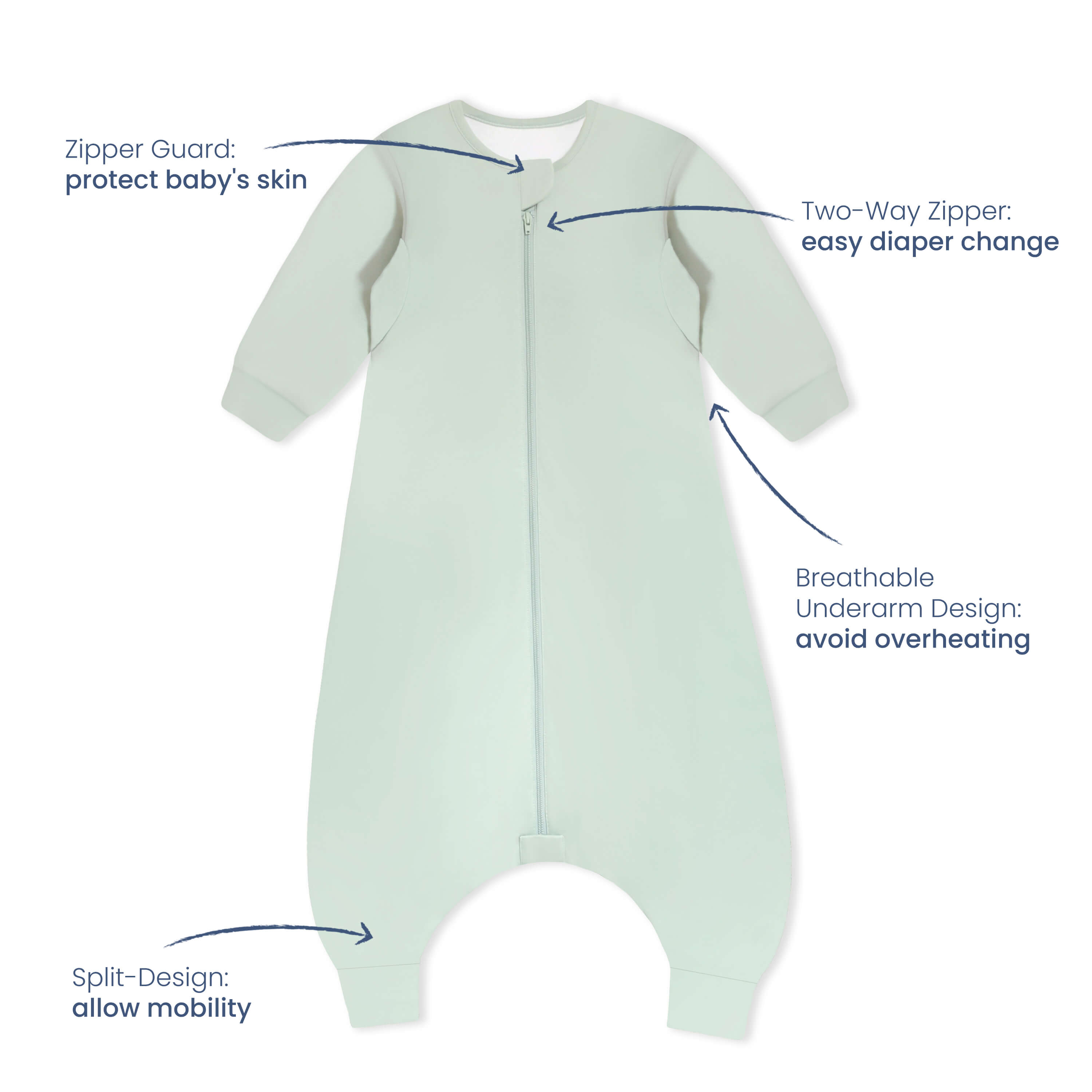 Winter Long Sleeve Sleep Sack Walker 3.5 TOG - Organic Cotton & Camel Wool - Pea Green