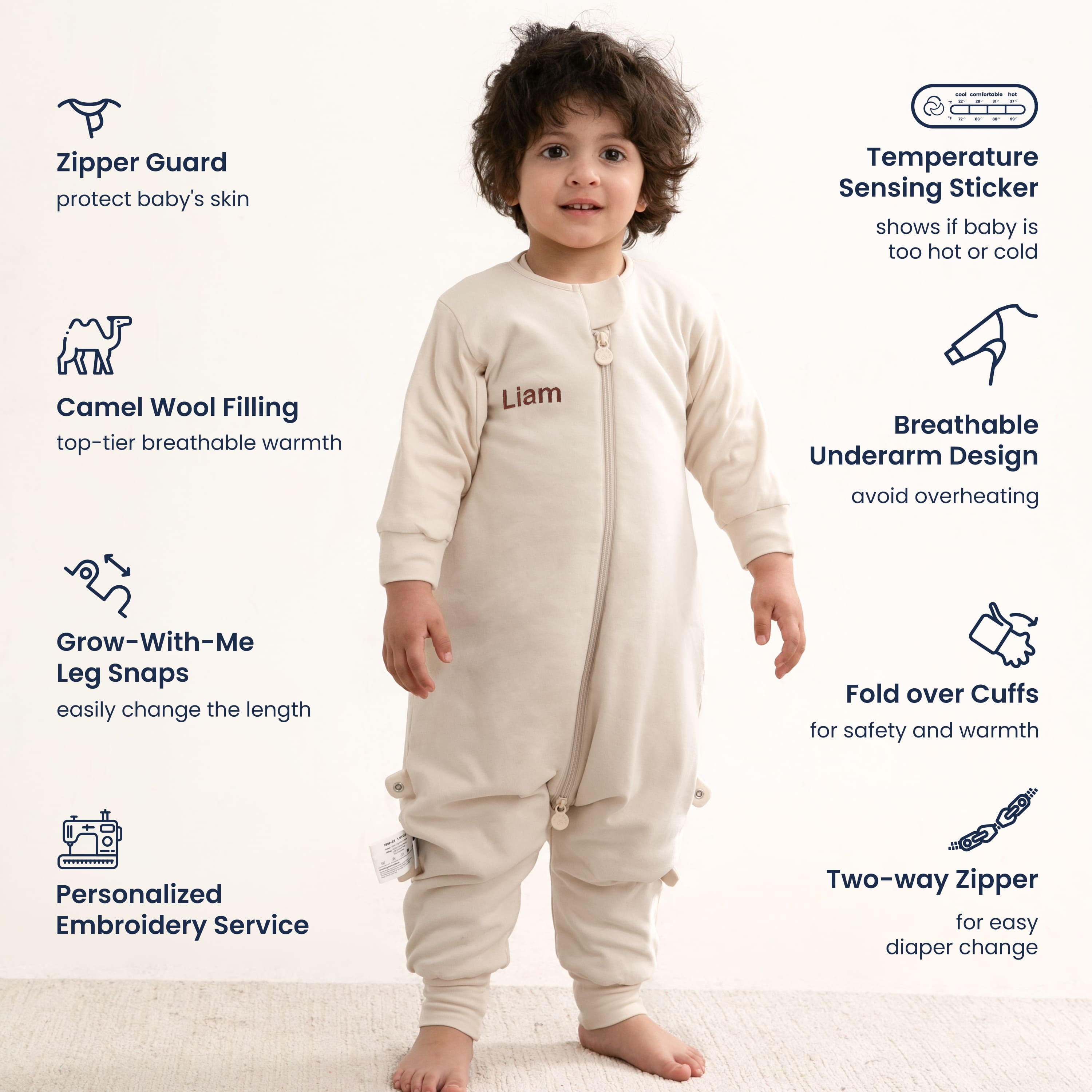 Warm Long Sleeve Sleep Sack Walker 2.5 TOG - Organic Cotton & Camel Wool - Cream