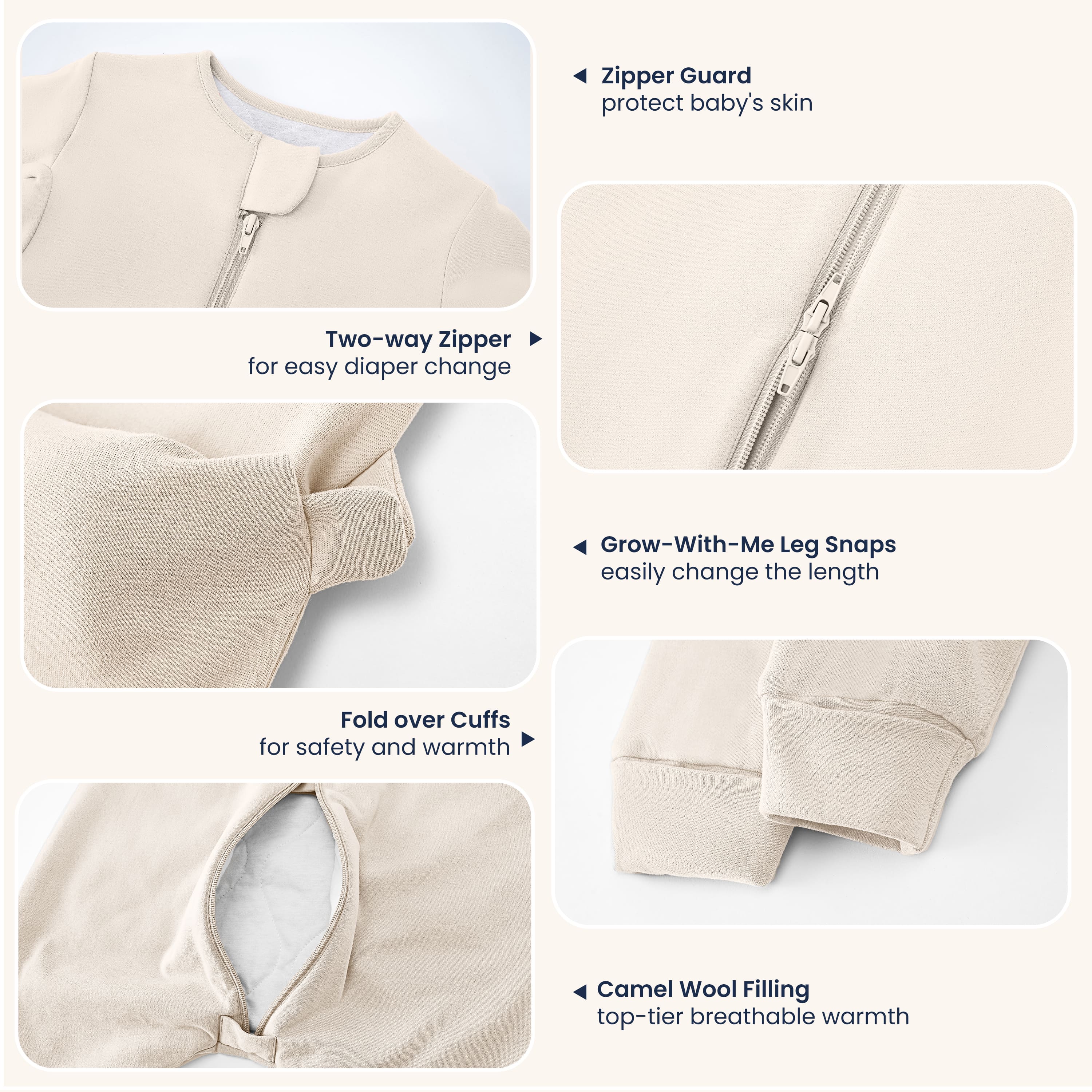 Warm Long Sleeve Sleep Sack Walker 2.5 TOG - Organic Cotton & Camel Wool - Cream