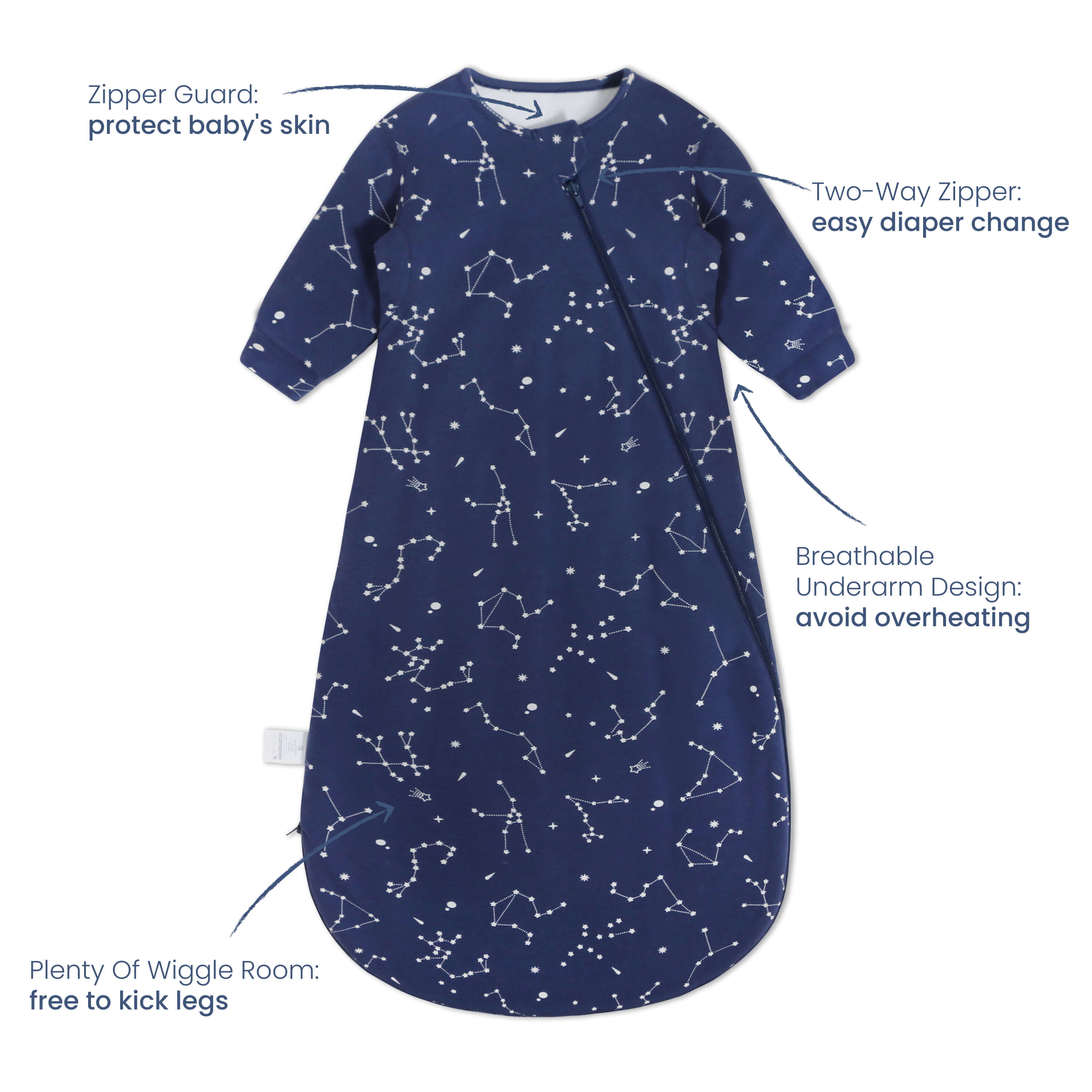 Organic Cotton & Camel Wool Winter Sleep Sack With Arms 3.5 TOG - Constellation