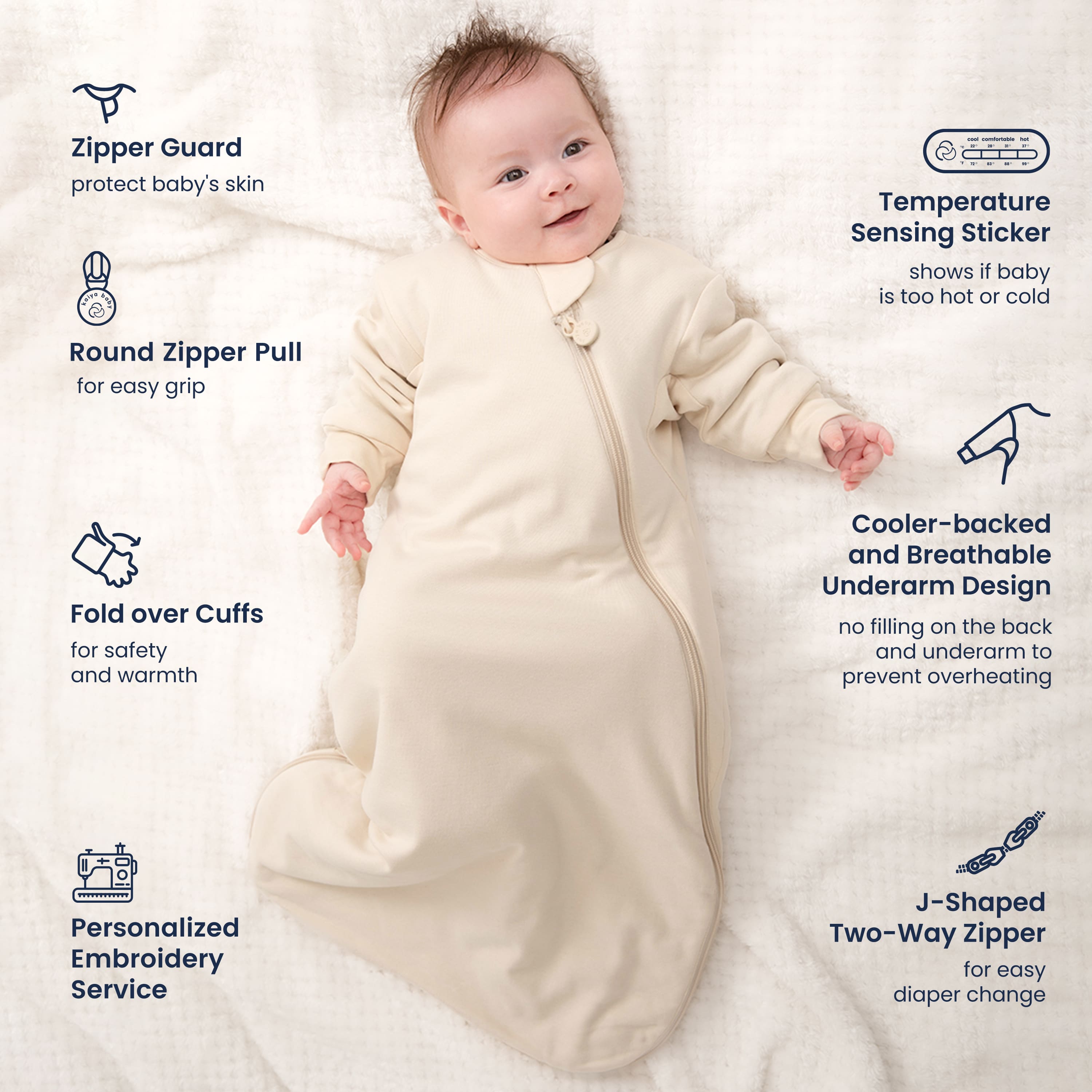 Warm Long Sleeve Sleep Sack 2.5 TOG - Organic Cotton & Camel Wool - Cream