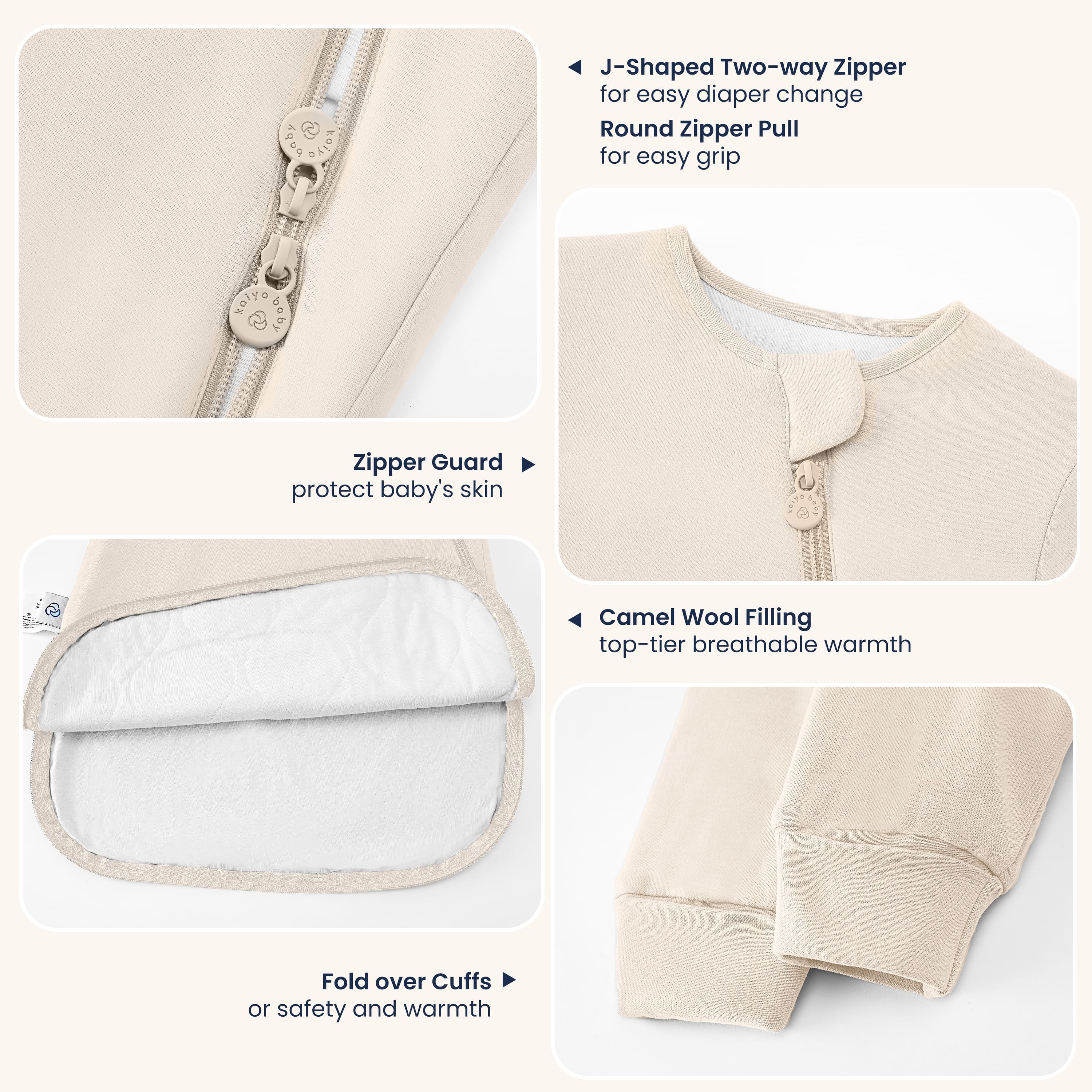 Warm Long Sleeve Sleep Sack 2.5 TOG - Organic Cotton & Camel Wool - Cream