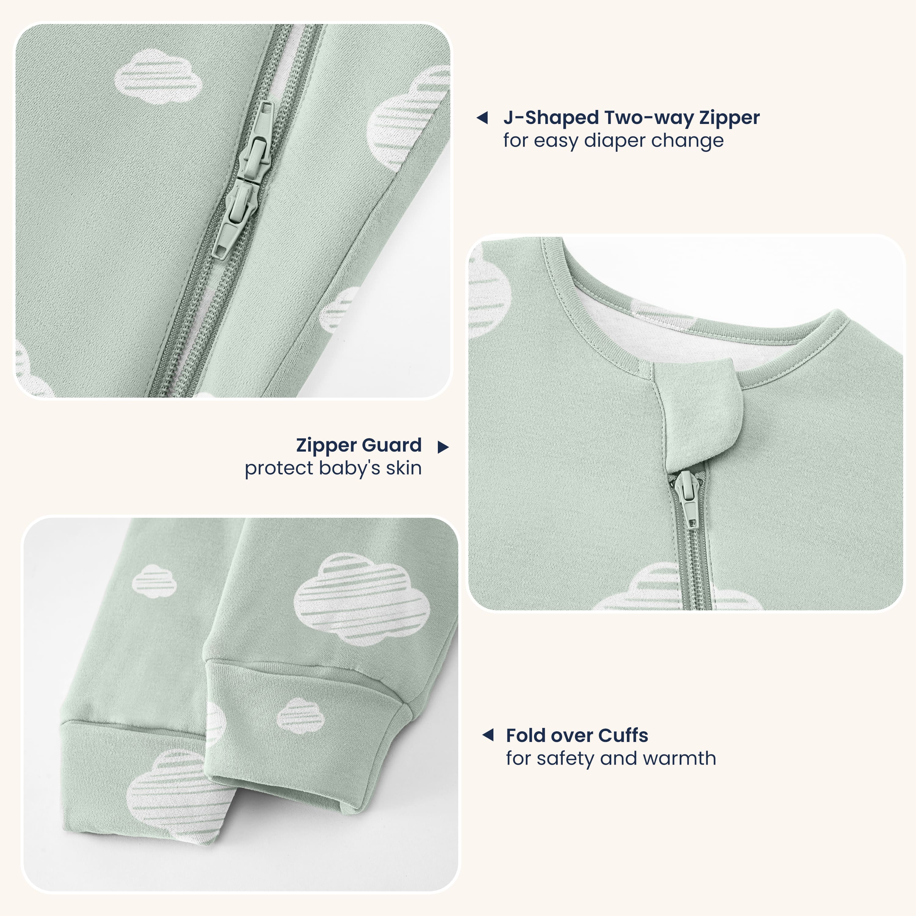 All Season Long Sleeve Sleep Sack 1.0 TOG - Organic Cotton & Camel Wool - Green Sky