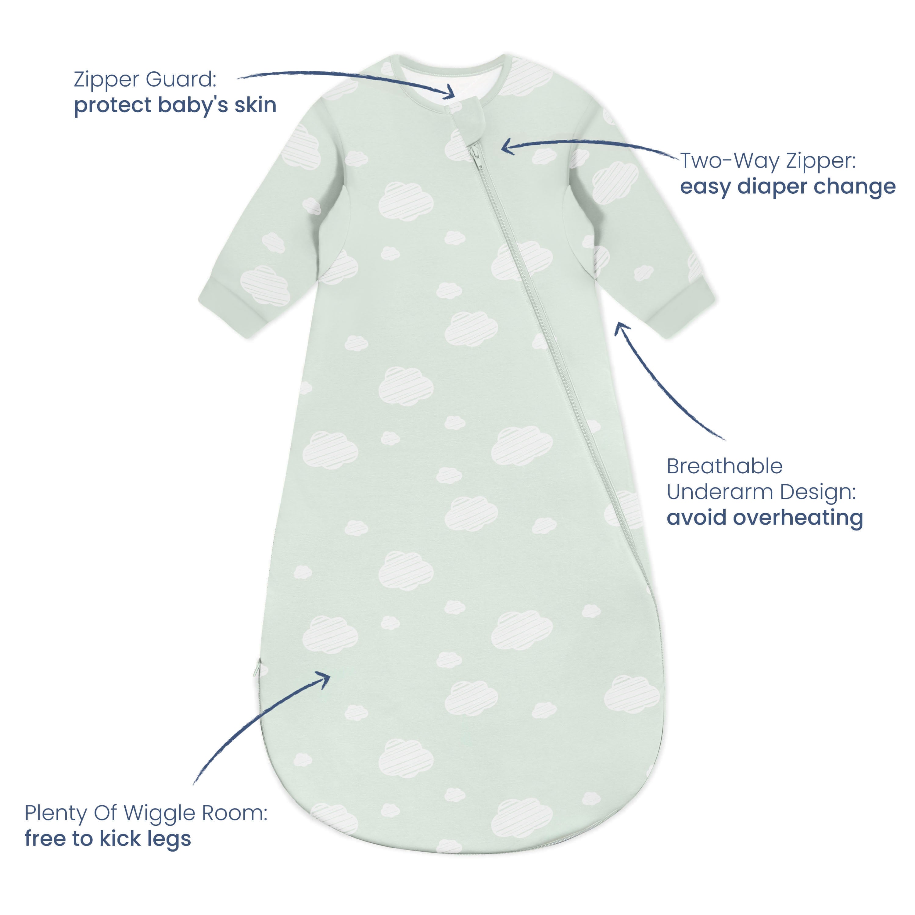 Organic Cotton & Camel Wool Long Sleeve Sleep Sack 1.0 TOG - Green Sky