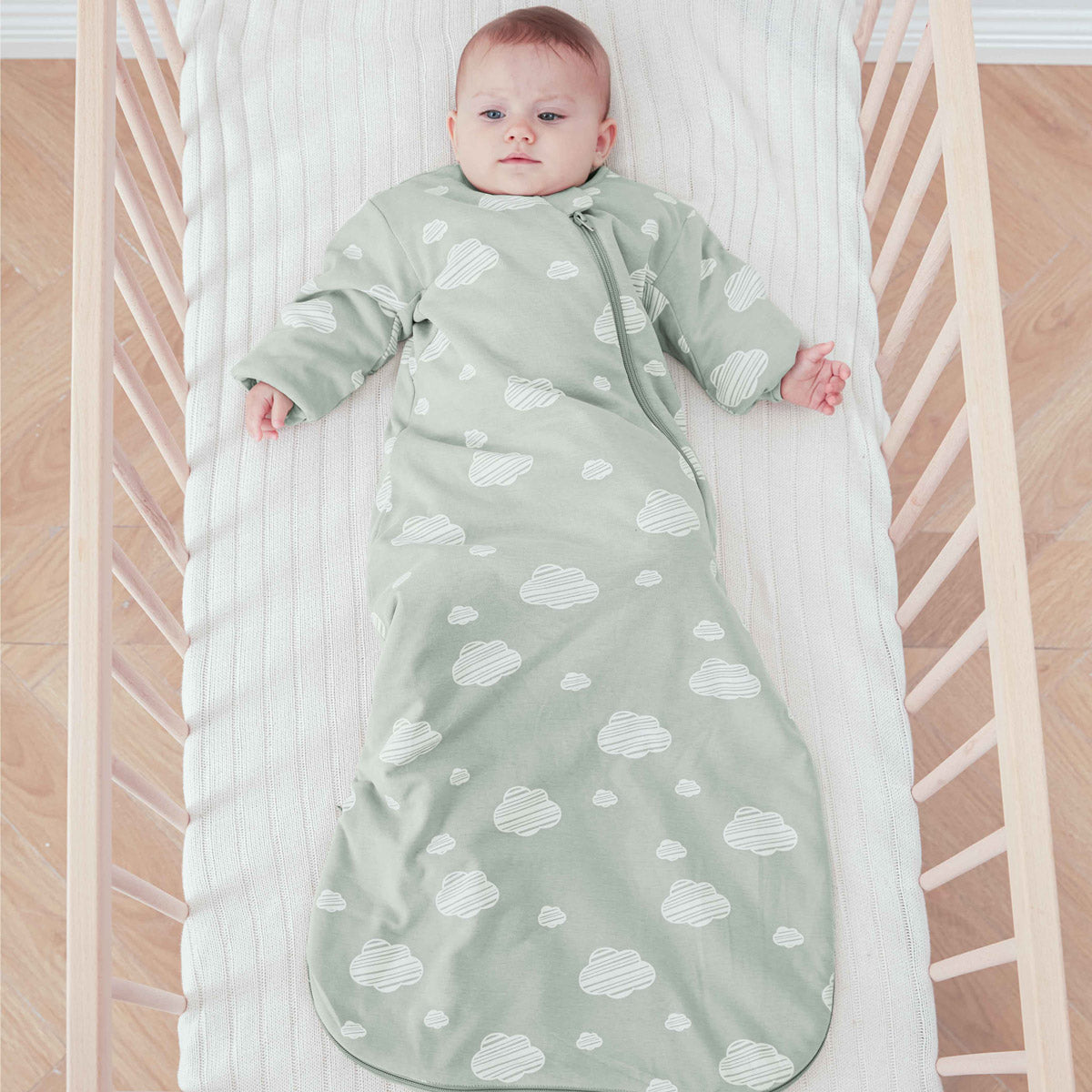 Organic Cotton & Camel Wool Long Sleeve Sleep Sack 1.0 TOG - Green Sky