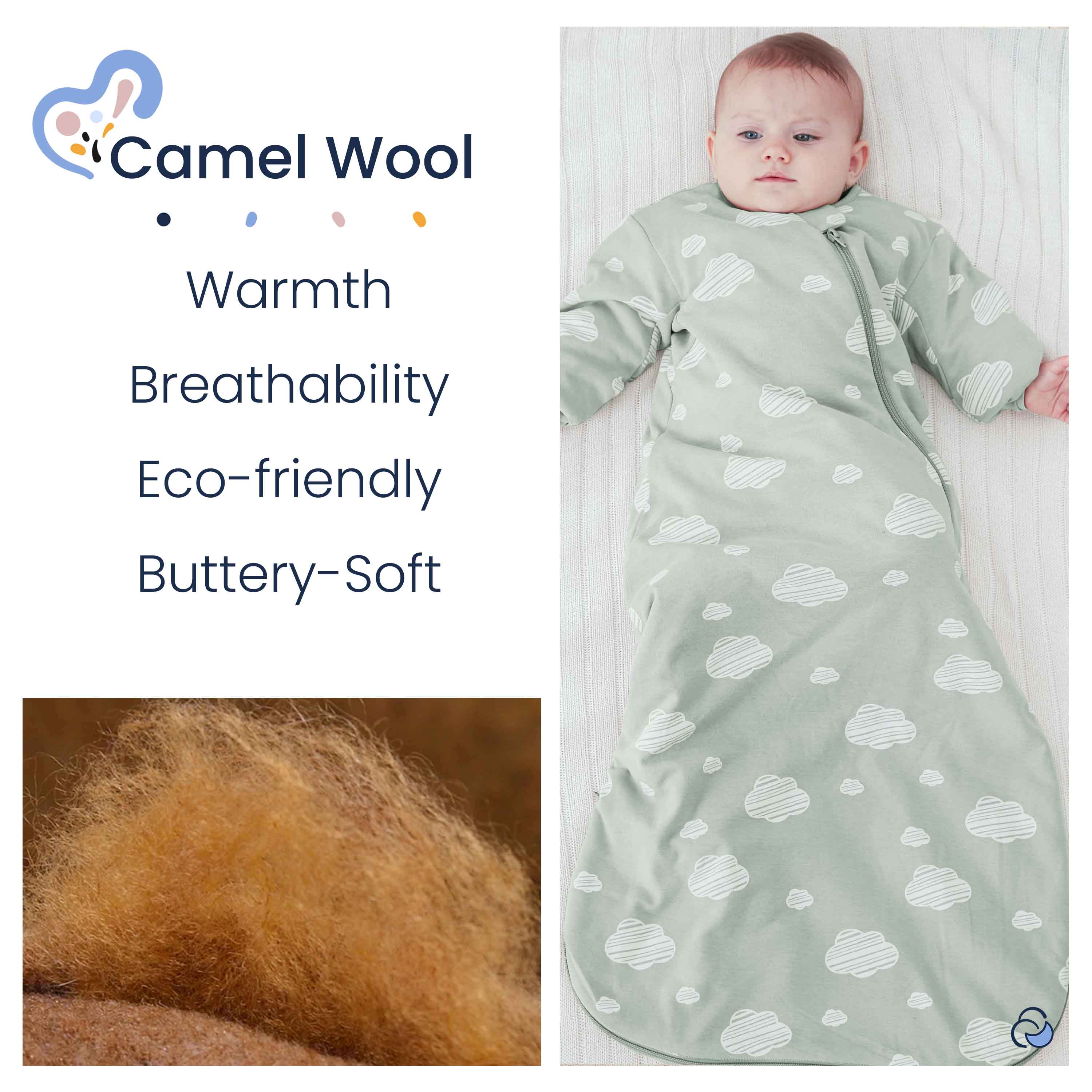 Organic Cotton & Camel Wool Long Sleeve Sleep Sack 1.0 TOG - Green Sky