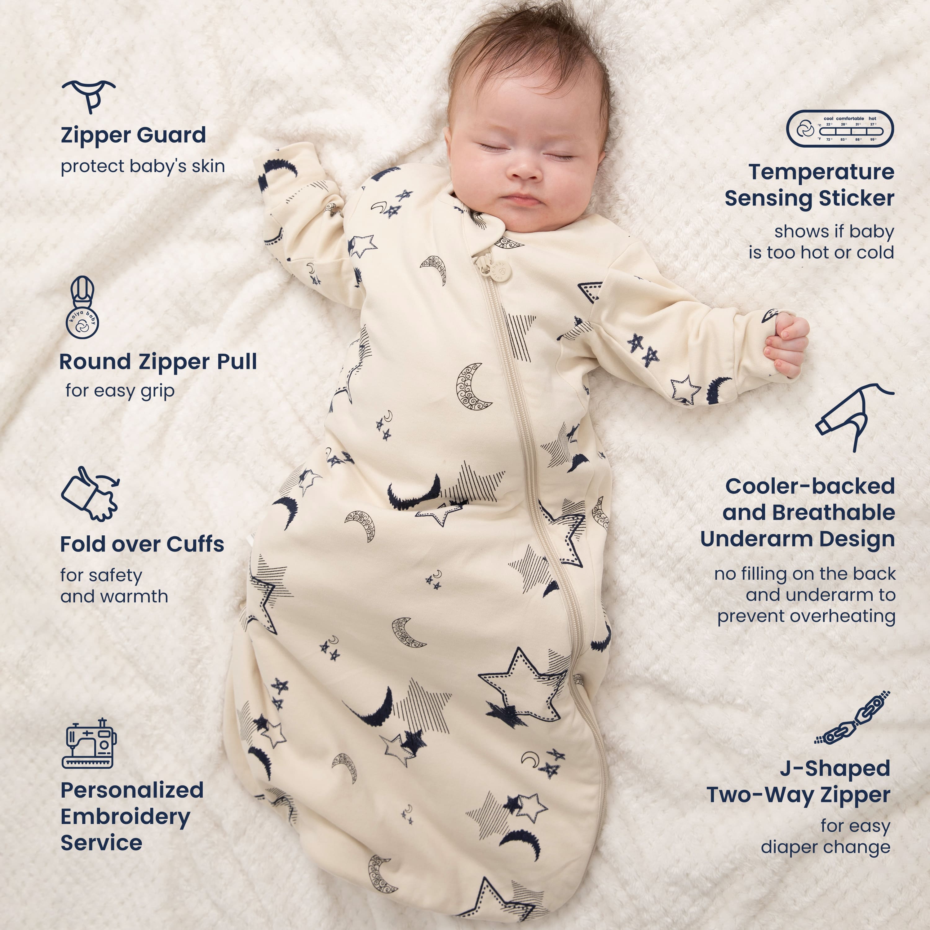 Organic Cotton & Camel Wool Long Sleeve Sleep Sack 1.0 TOG - Moonlit