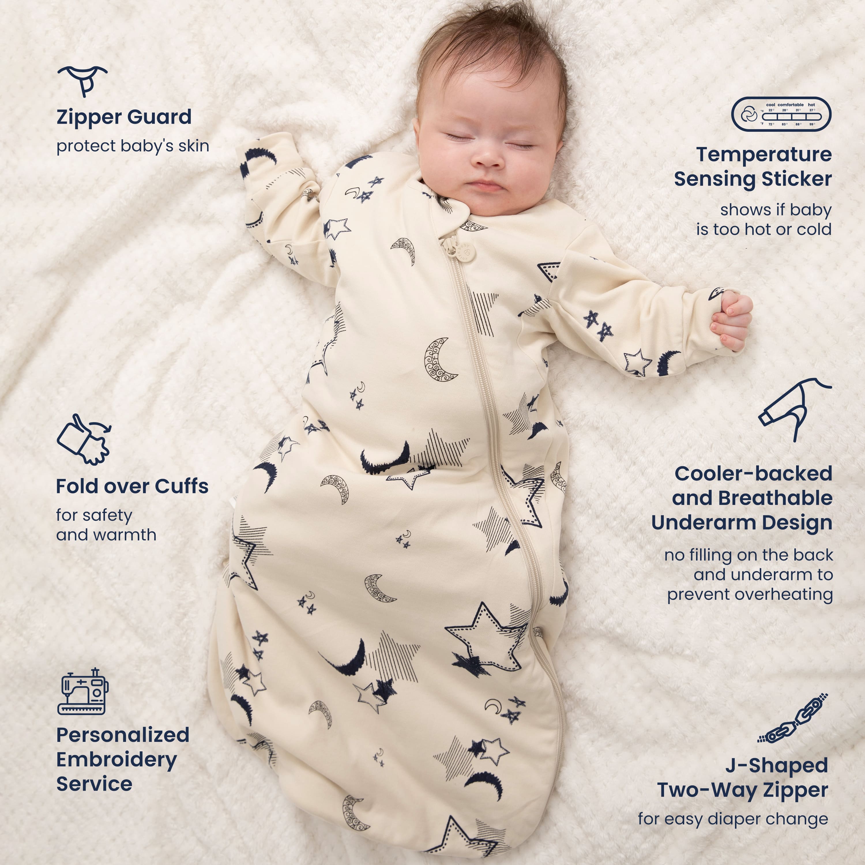 All Season Long Sleeve Sleep Sack 1.0 TOG - Organic Cotton & Camel Wool - Moonlit