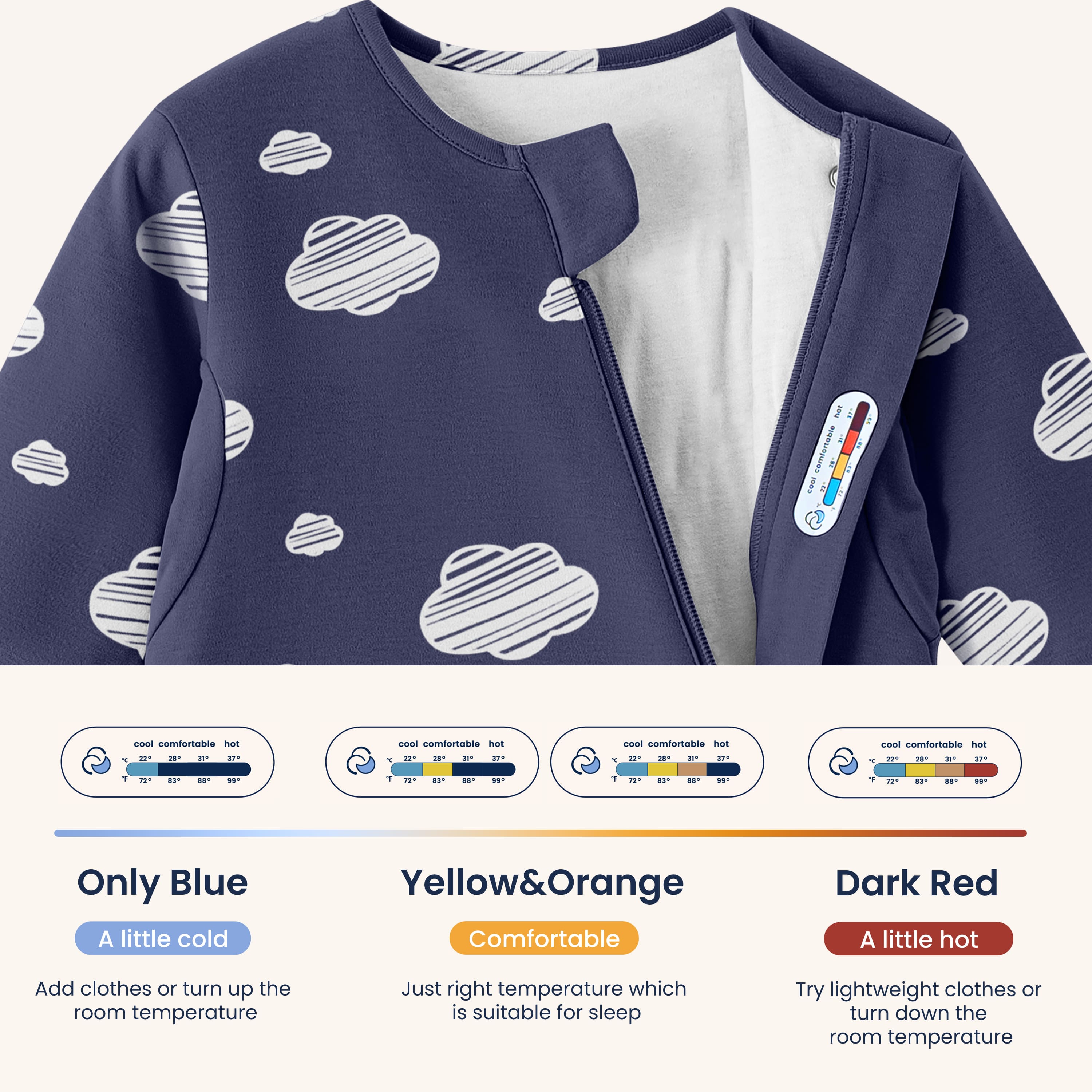 All Season Long Sleeve Sleep Sack 1.0 TOG - Organic Cotton & Camel Wool - Navy Sky