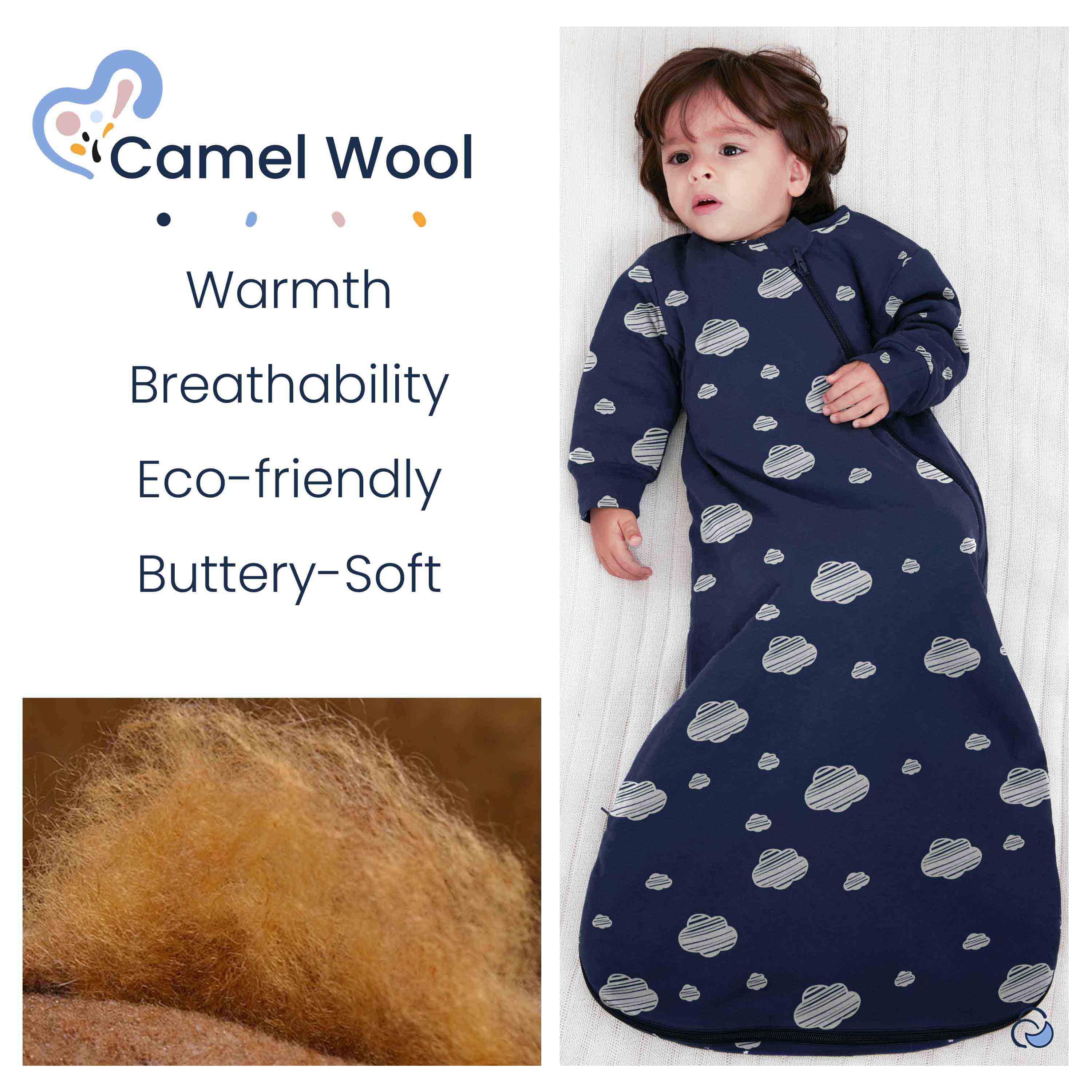 Organic Cotton & Camel Wool Long Sleeve Sleep Sack 1.0 TOG - Navy Sky