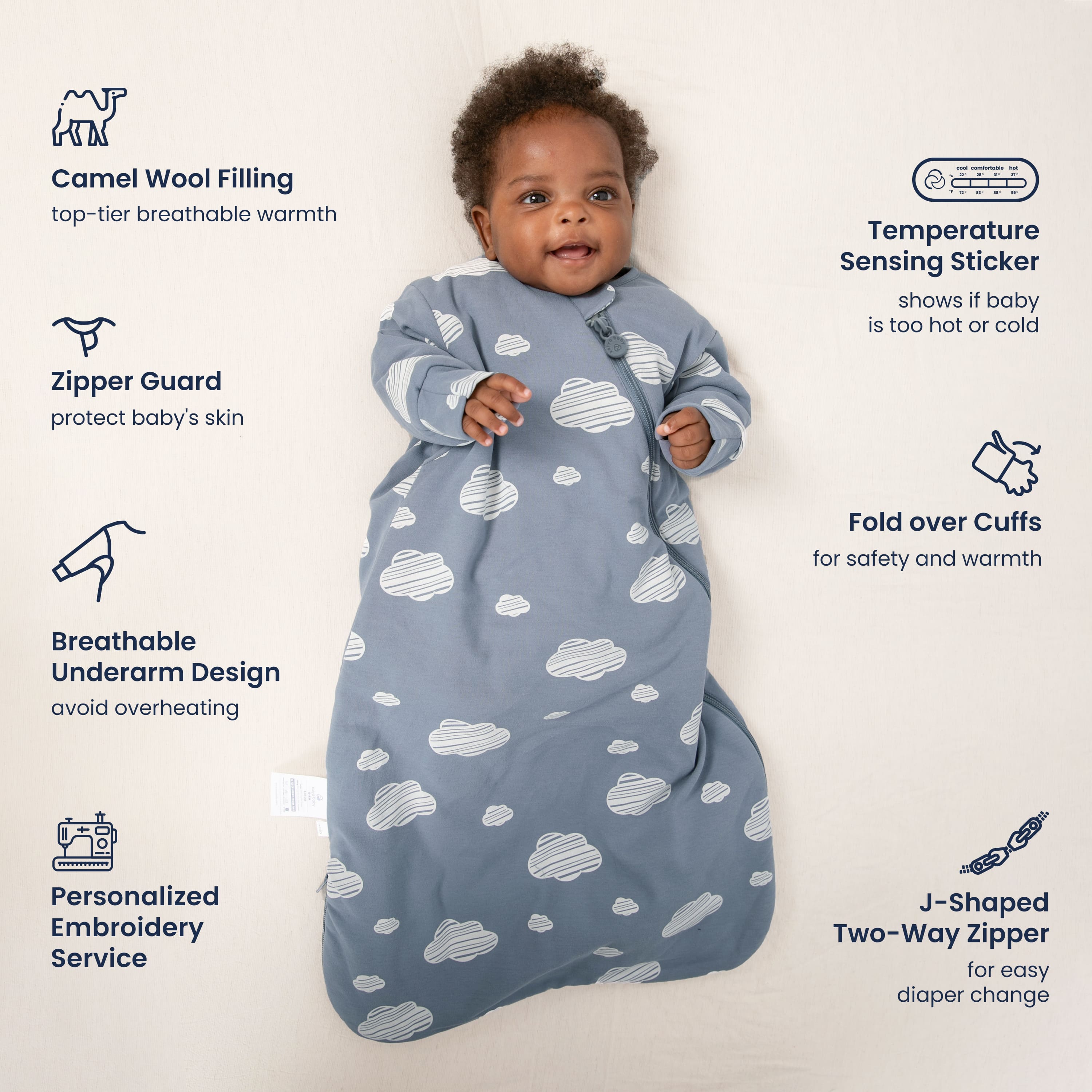 Warm Long Sleeve Sleep Sack 2.5 TOG - Organic Cotton & Camel Wool - Blue Sky