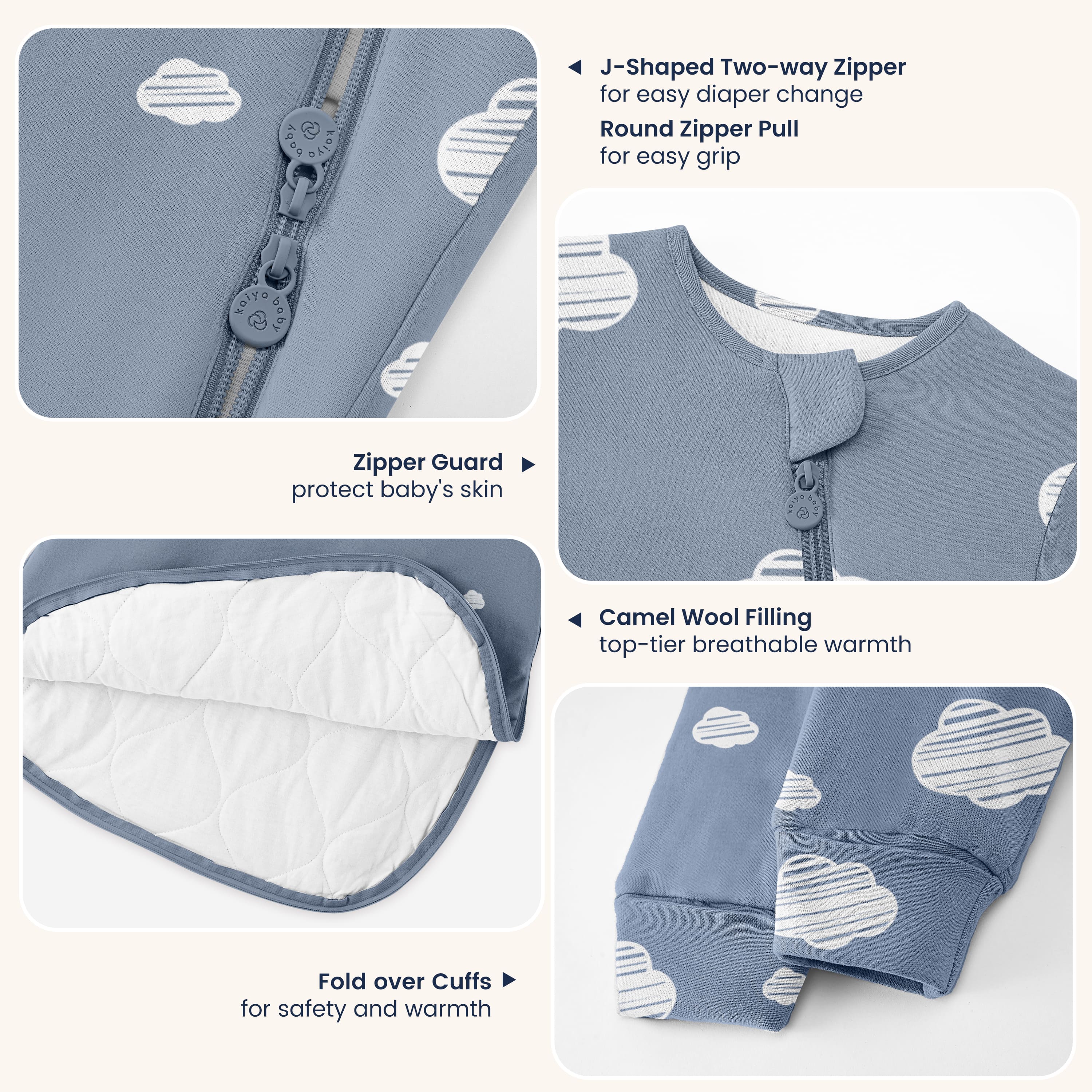 Warm Long Sleeve Sleep Sack 2.5 TOG - Organic Cotton & Camel Wool - Blue Sky
