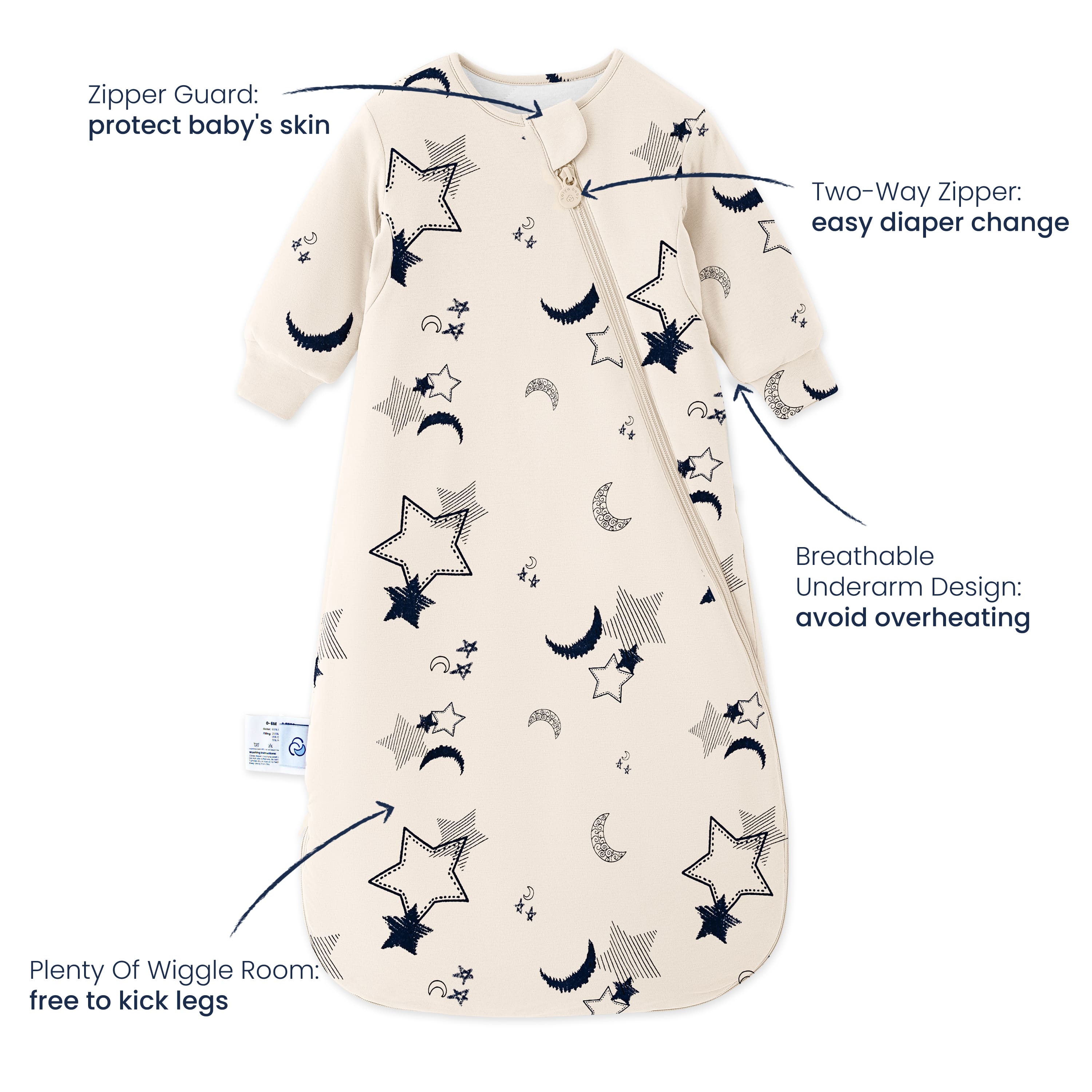 Organic Cotton & Camel Wool Long Sleeve Sleep Sack 2.5 TOG - Moonlit Feature