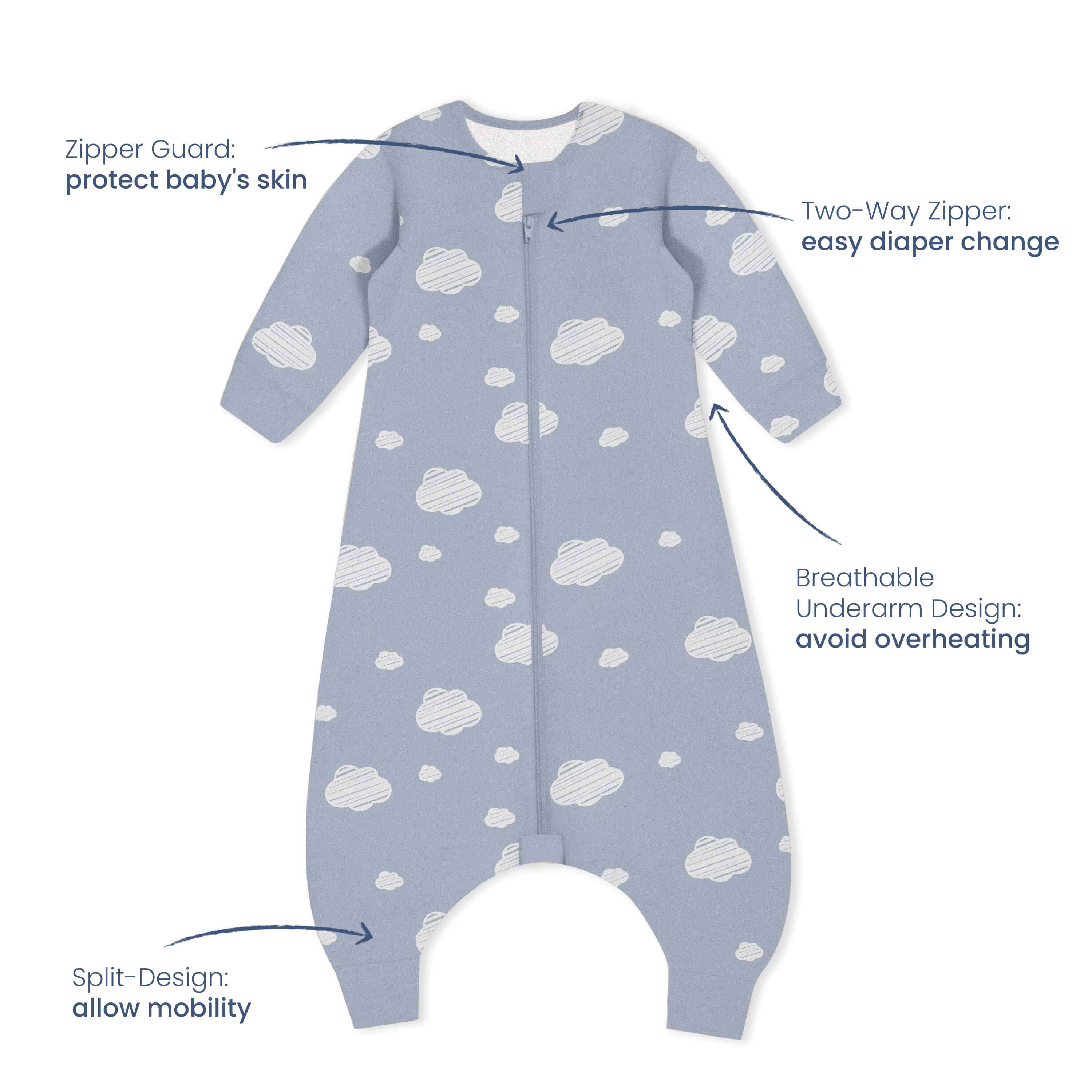 Organic Cotton & Camel Wool Warm Long Sleeve Sleep Sack With Feet 2.5 TOG - Blue Sky