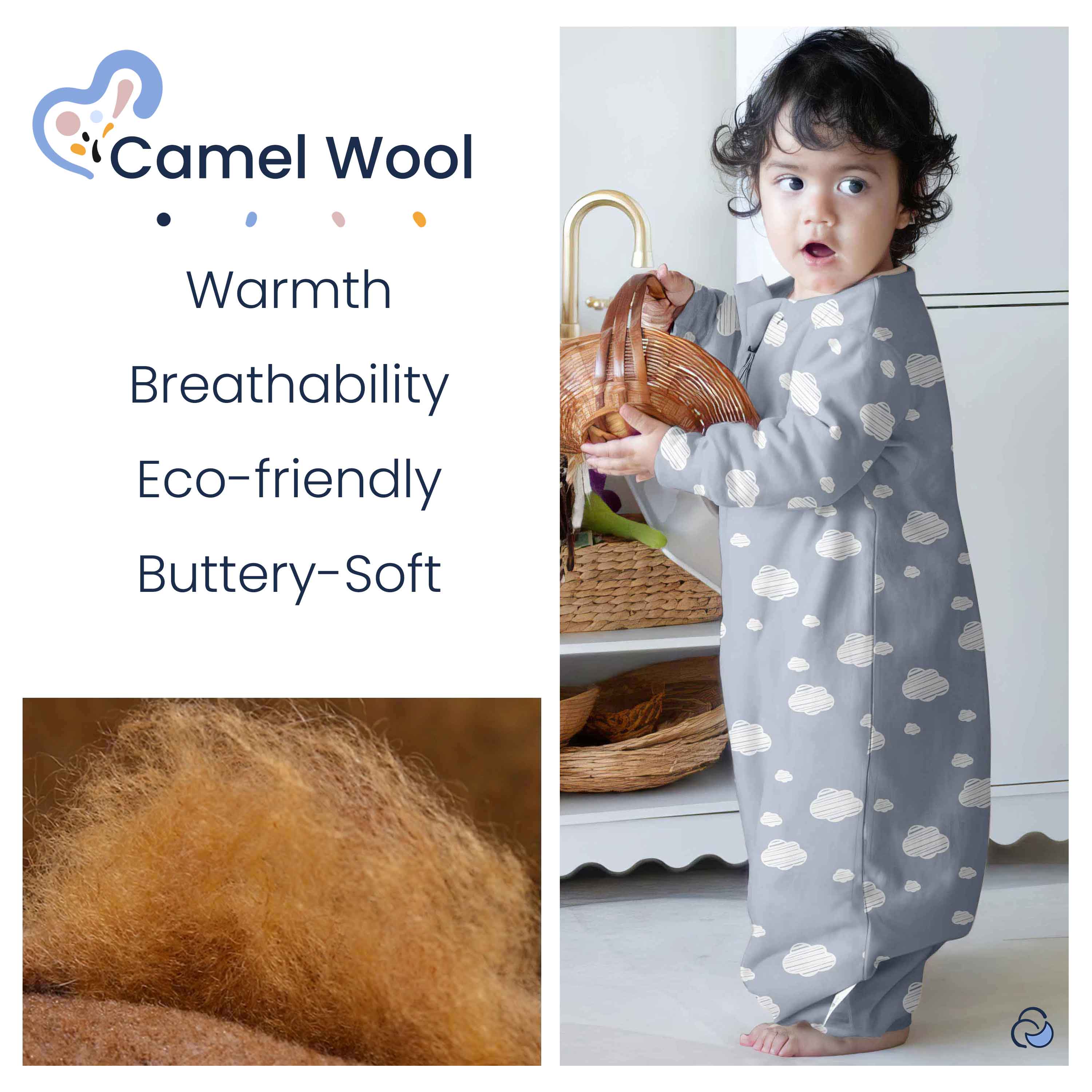 Organic Cotton & Camel Wool Warm Long Sleeve Sleep Sack With Feet 2.5 TOG - Blue Sky