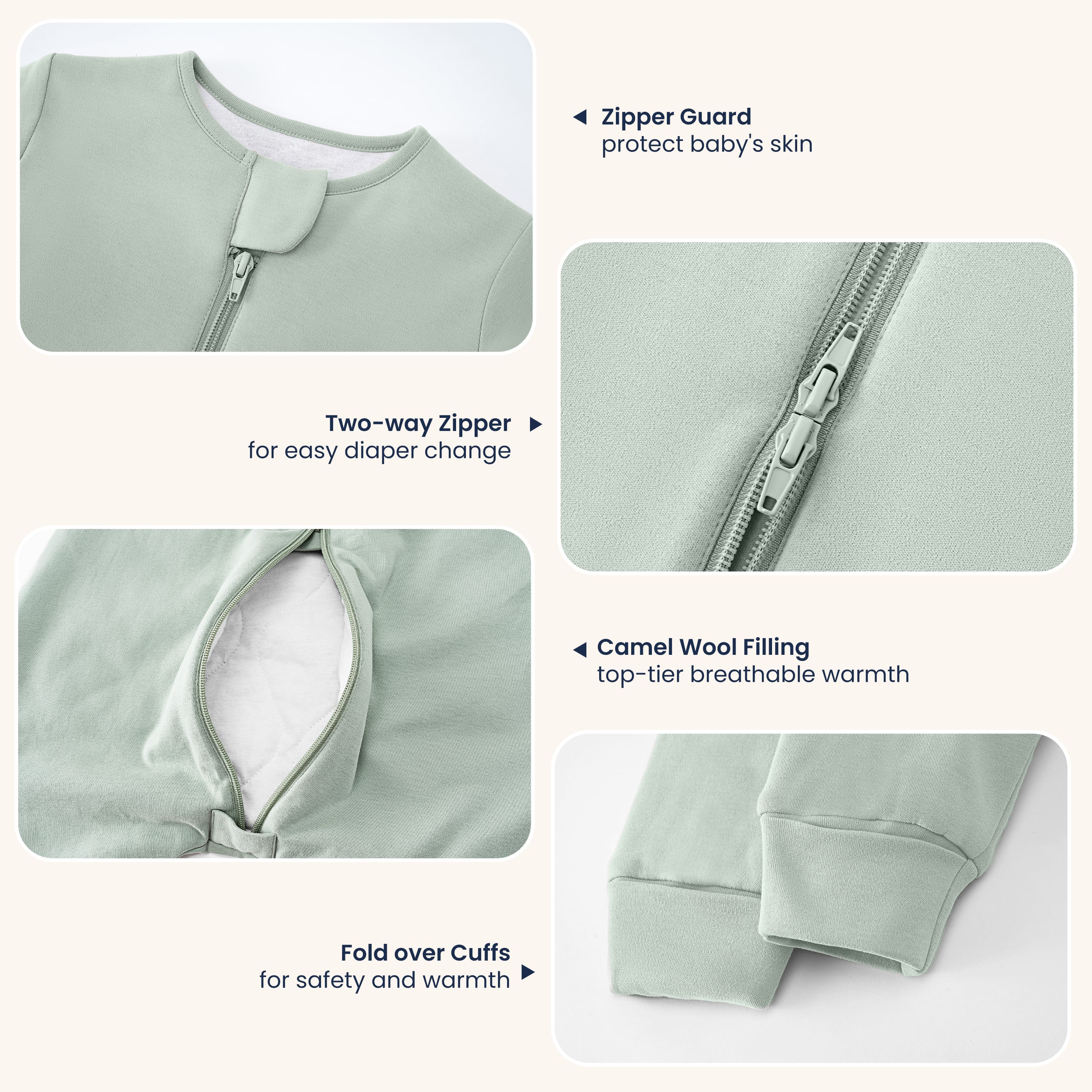 Winter Long Sleeve Sleep Sack Walker 3.5 TOG - Organic Cotton & Camel Wool - Pea Green