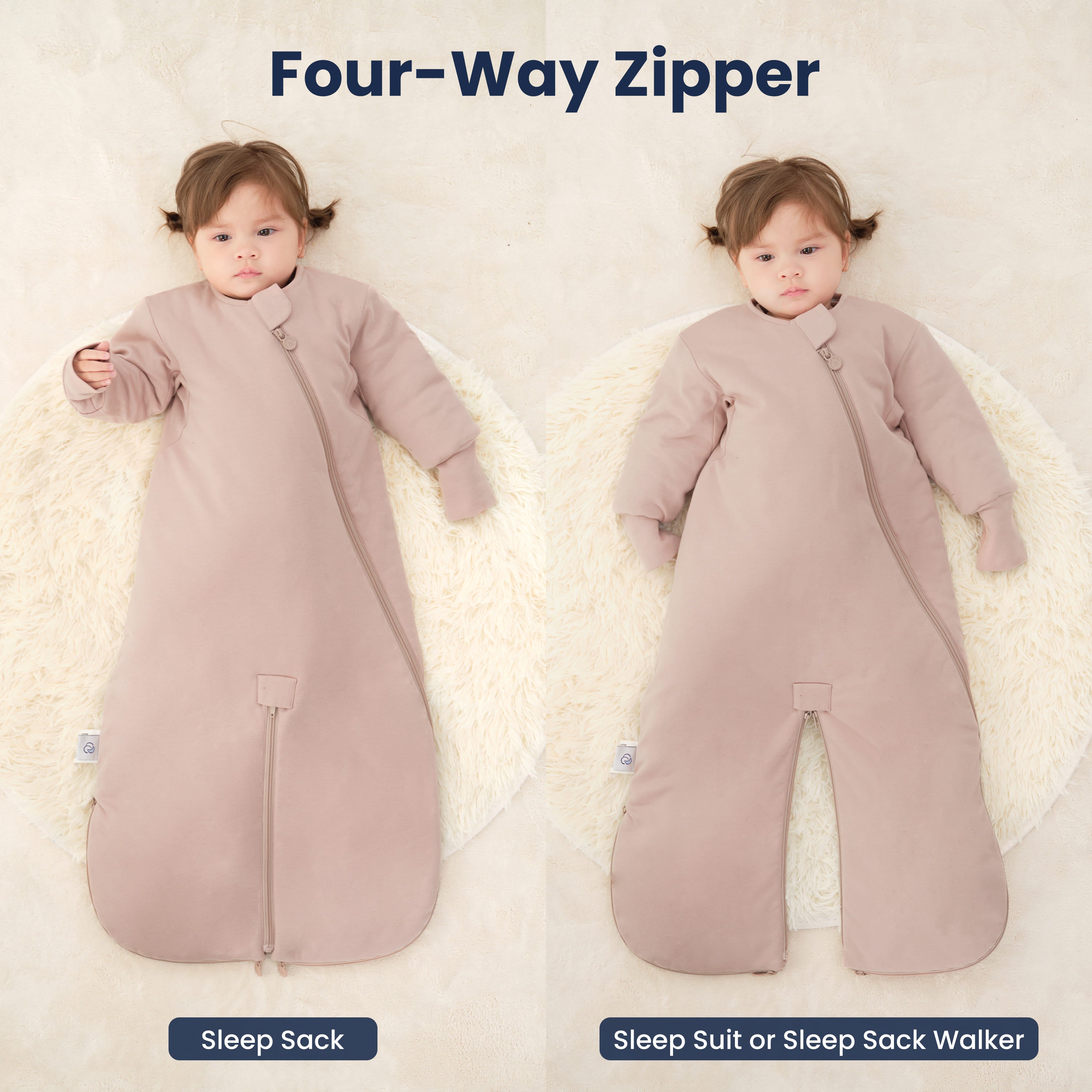 Sleep Suit Sack 3-in-1 2.5 TOG - Organic Cotton & Camel Wool - Dusty Pink zipper