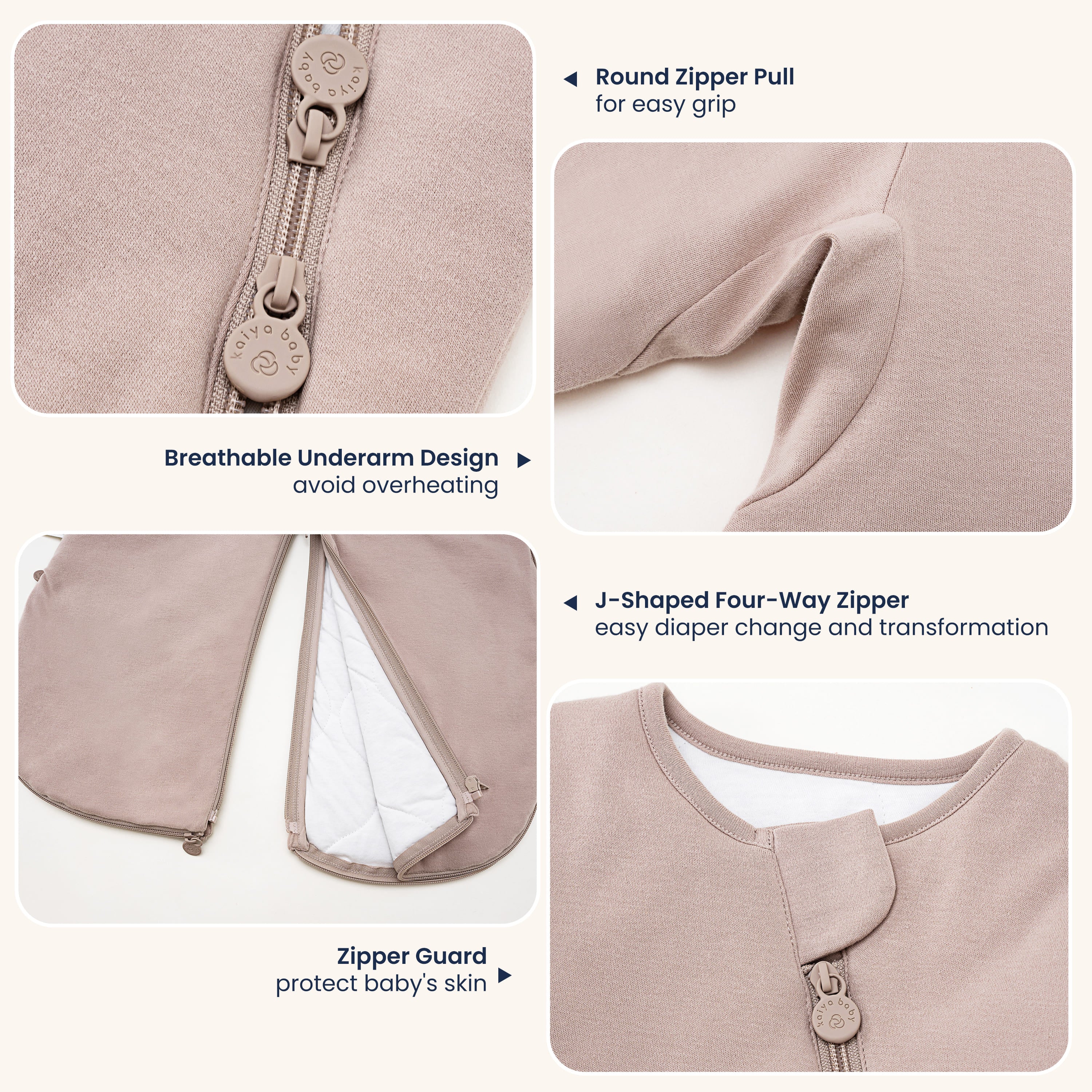 Sleep Suit Sack 3-in-1 2.5 TOG - Organic Cotton & Camel Wool - Dusty Pink Detail