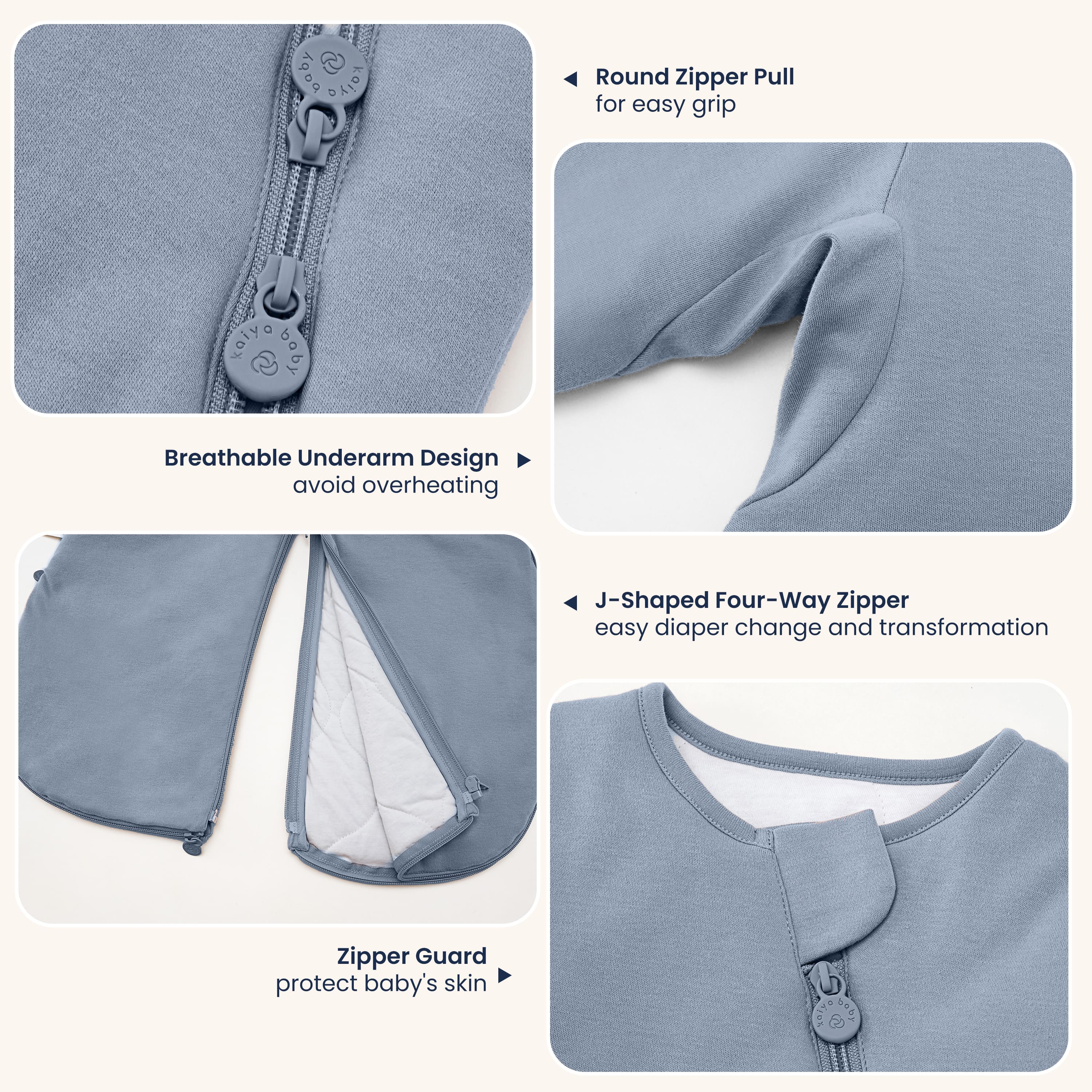 Sleep Suit Sack 3-in-1 2.5 TOG - Organic Cotton & Camel Wool - Misty Blue Detail