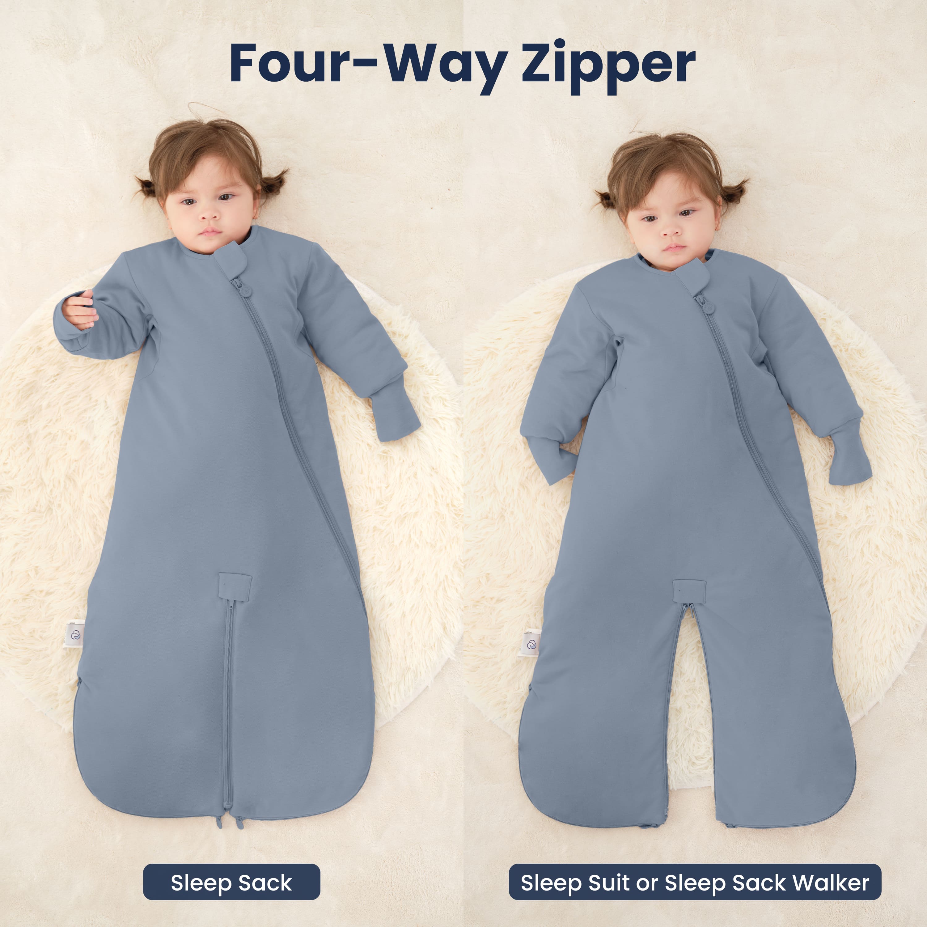 Sleep Suit Sack 3-in-1 2.5 TOG - Organic Cotton & Camel Wool - Misty Blue Zipper