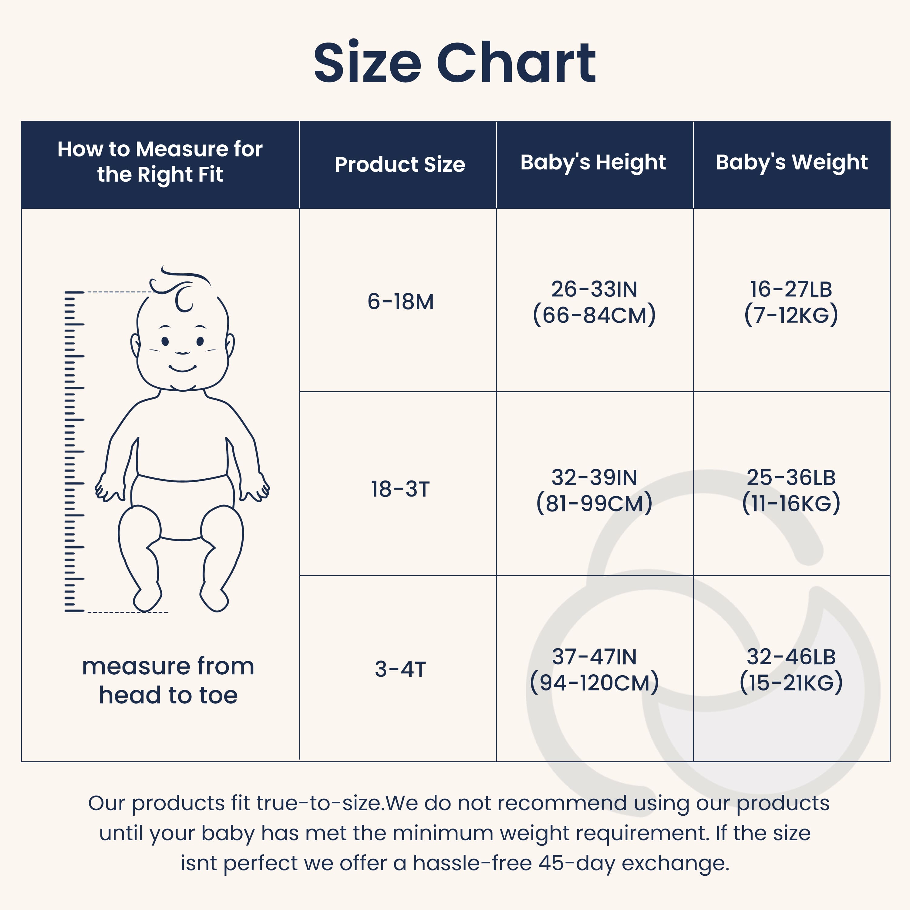 Sleep Suit Sack 3-in-1 2.5 TOG - Organic Cotton & Camel Wool Size Chart