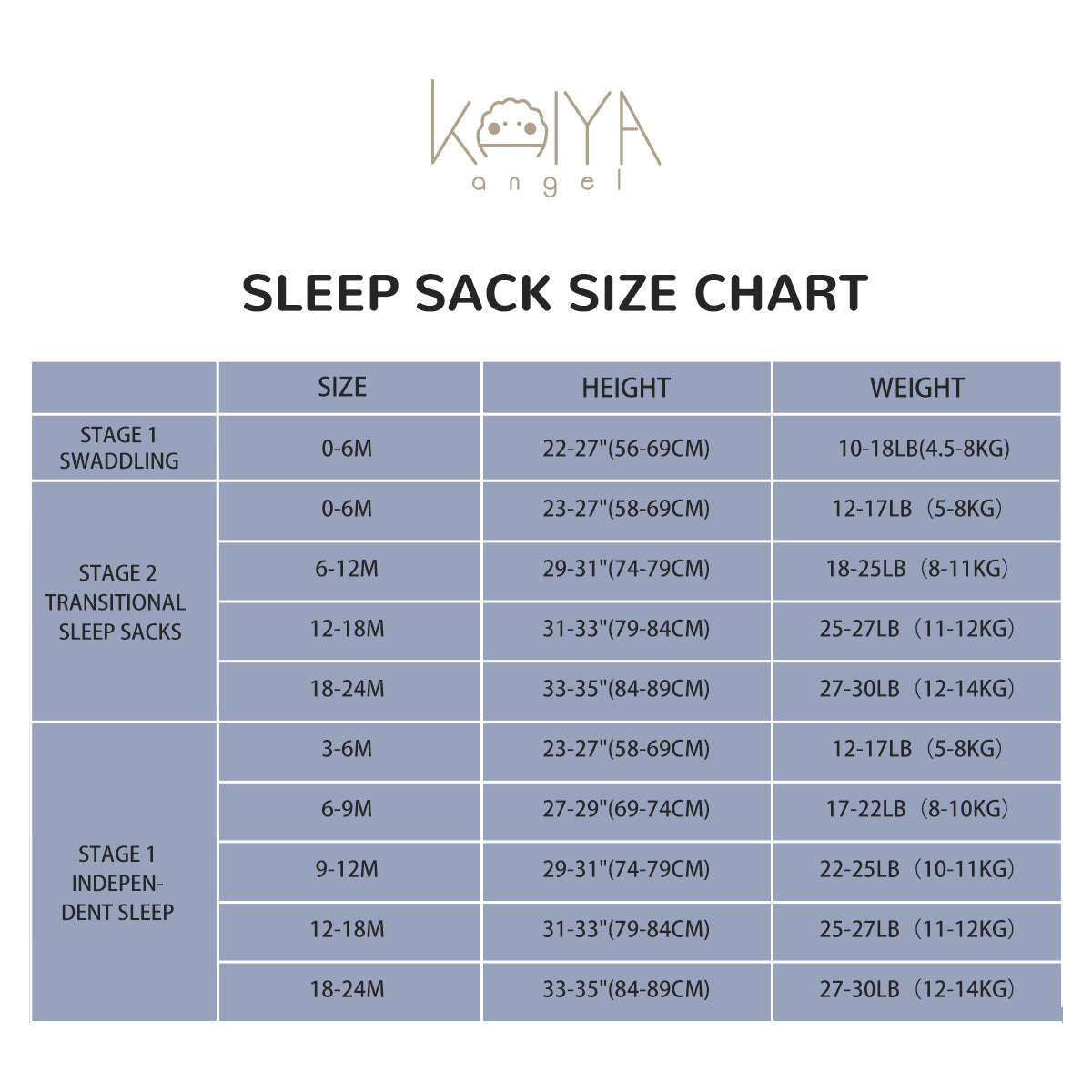 Front Opening Long Sleeve Sleep Sack - Shell - size chart