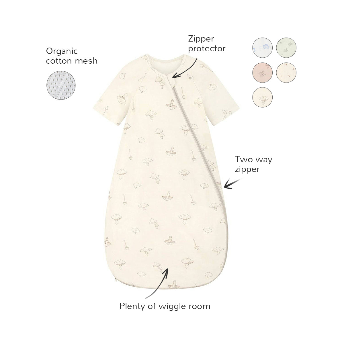 Short Sleeves Baby Sleep Sack With Mesh Cotton - Creamy Mushroom